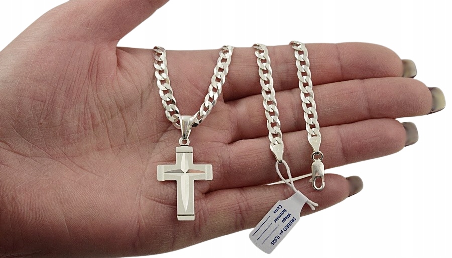 Łańcuszek Srebrny Męski Pancerka Diamentowany Krzyżyk pr 925 Grawer Gratis Długość całkowita 60 cm