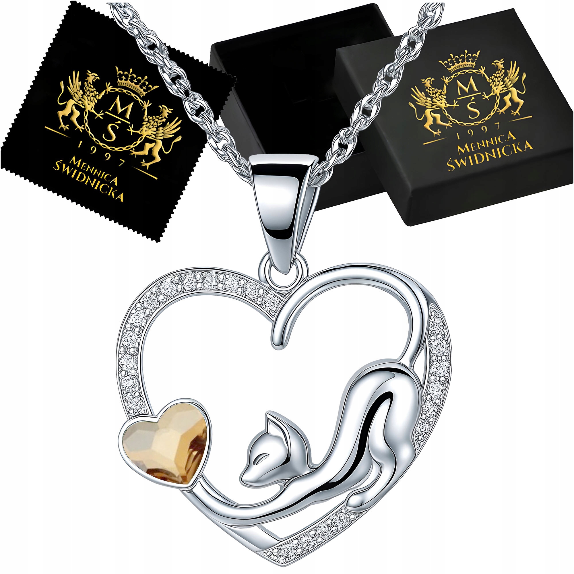 Stříbrný náhrdelník Přívěsek Kočka Srdce Řetízek Stříbro 925 Dámské šperky