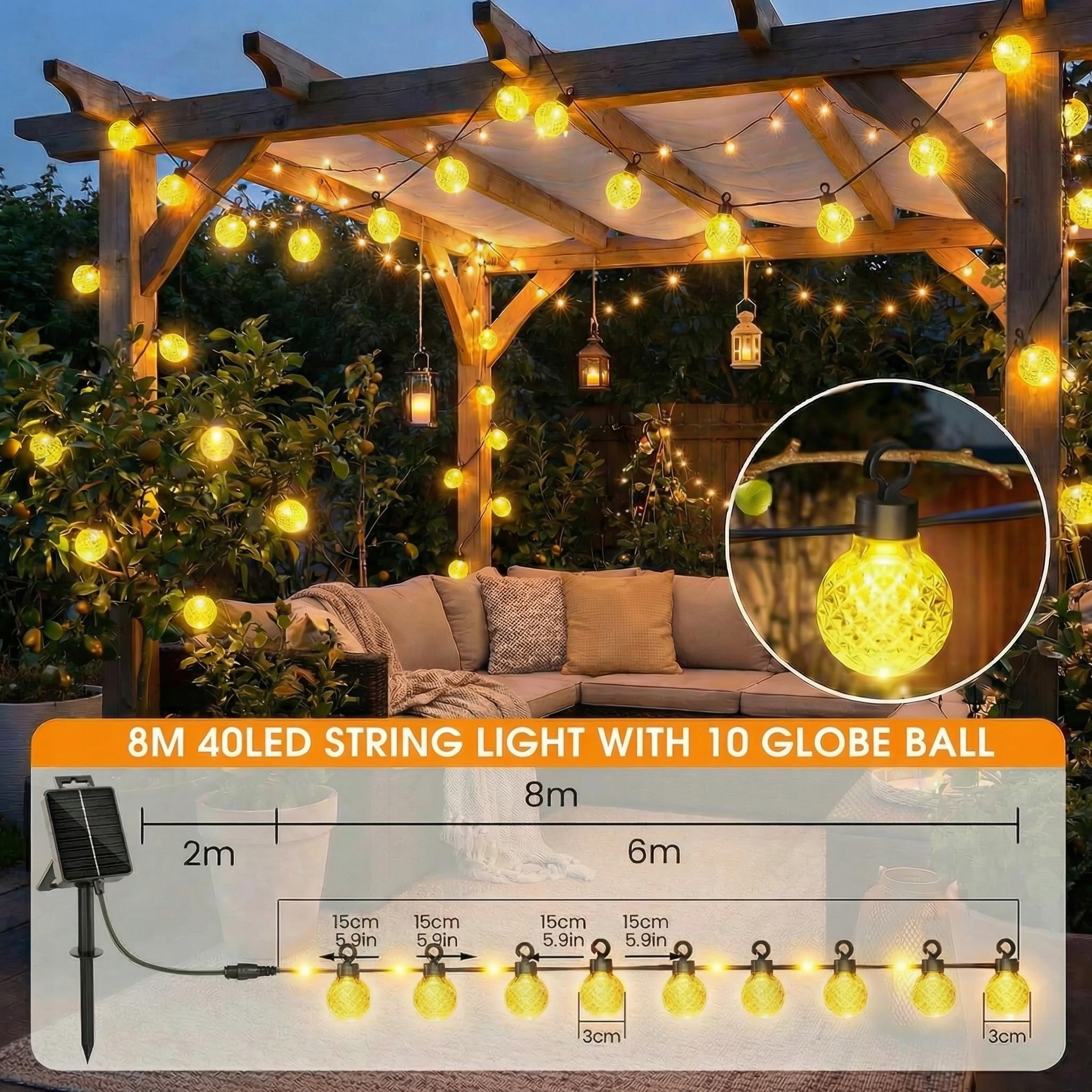 BG9D Solarna Girlanda Ananasowa 8M 40 LED 8 Trybów Pilot IP67 Na Zewnątrz — miniatura 2