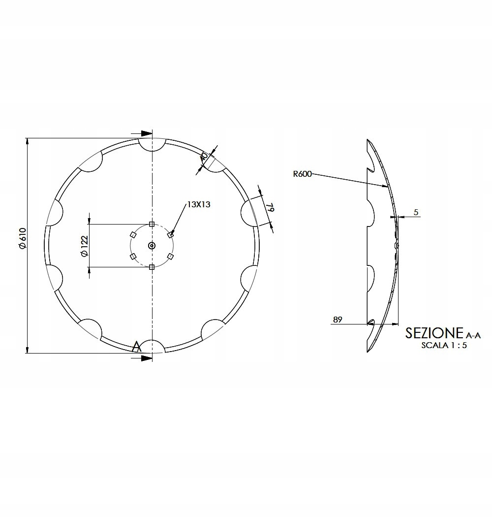 Talíř pro talířový agregát, ozubený 610 mm, 6 otvorů, tloušťka 5 mm, D6