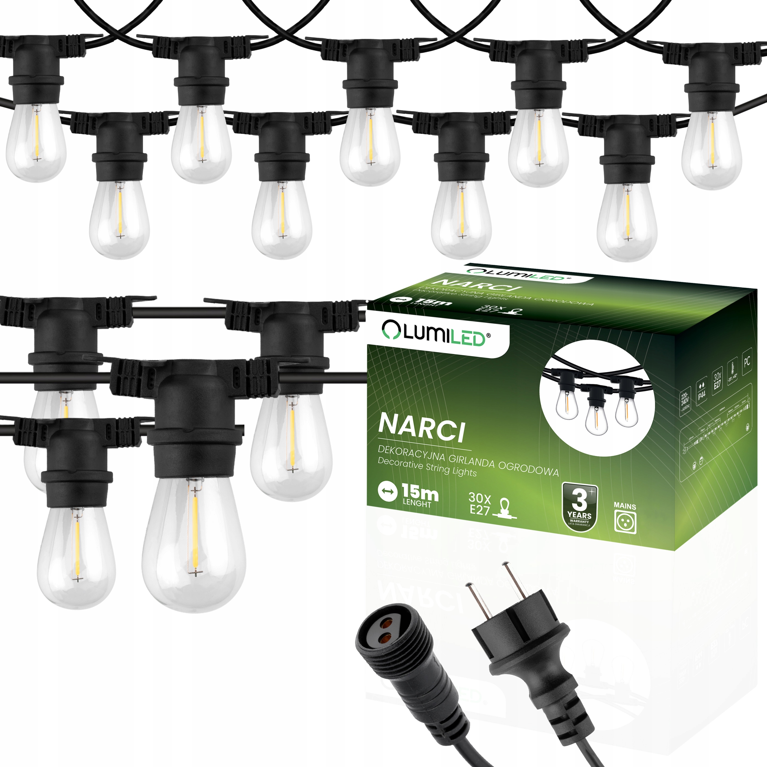 Venkovní zahradní girlanda Světelný řetěz Ozdobný 30x Led Žárovka 15 m