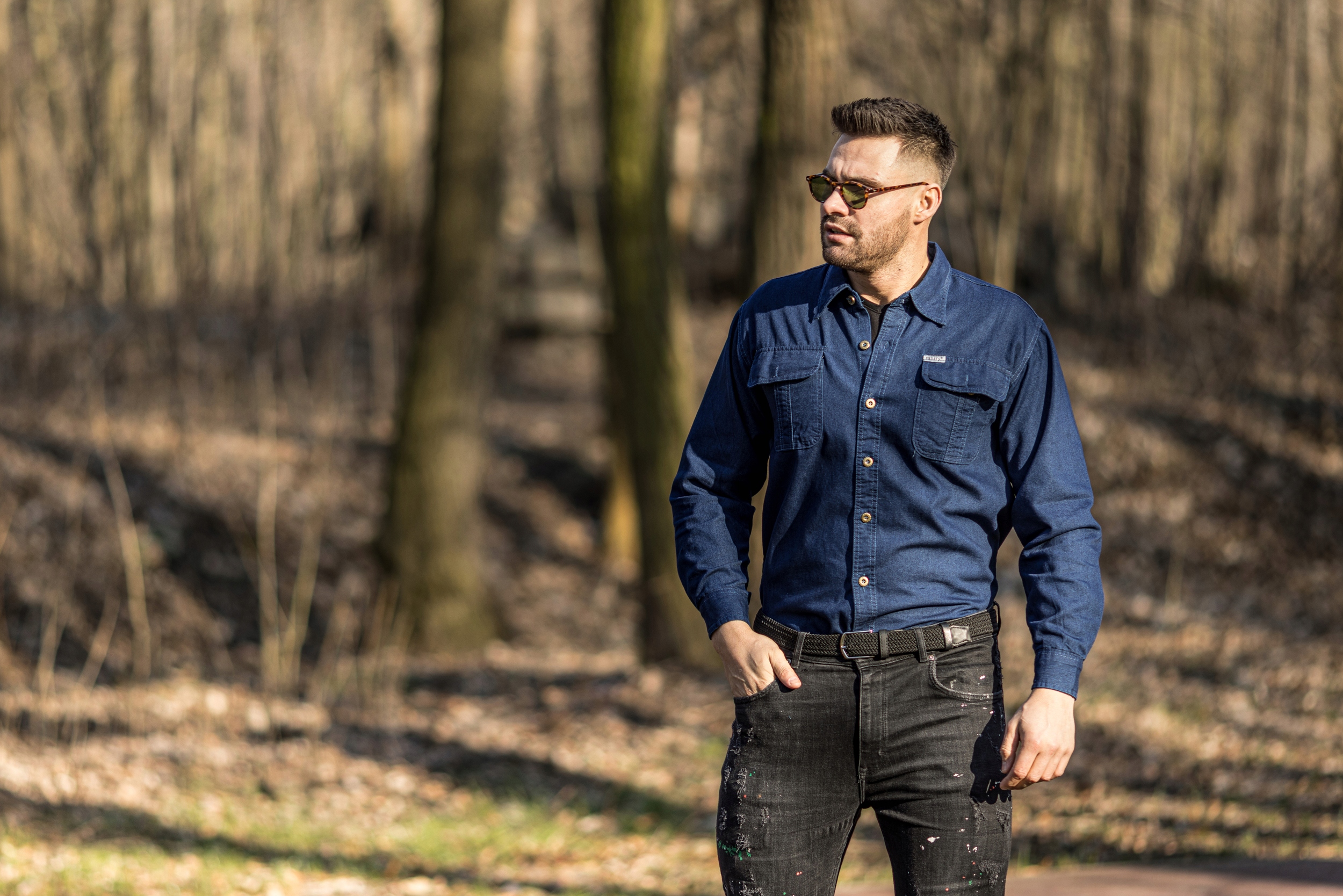 KOSZULA MĘSKA JEANSOWA - BAWEŁNIANA - No2 - L Odcień granatowy