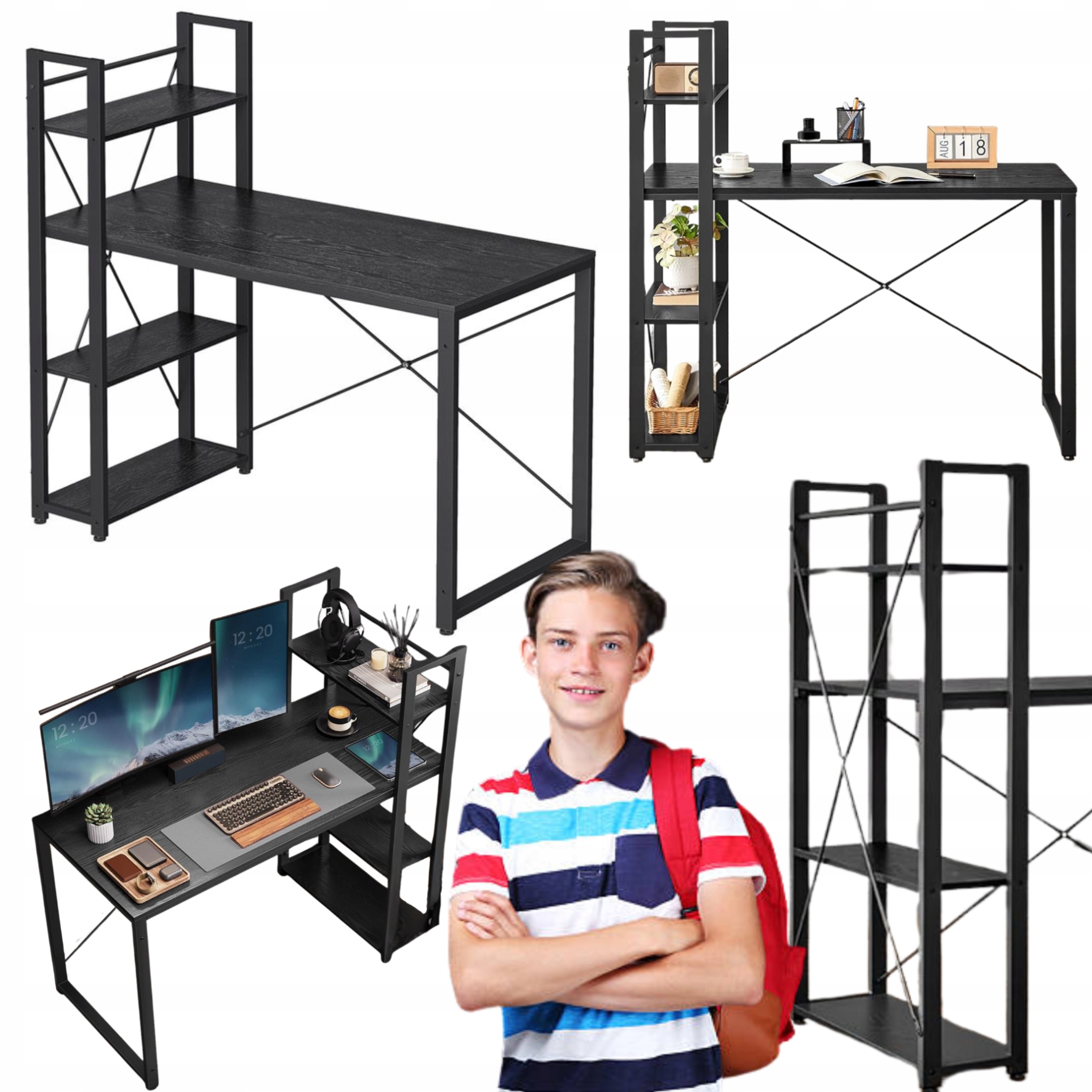 Herný Stôl do detskej izby Čierny Regál na knihy s policami Písací stôl