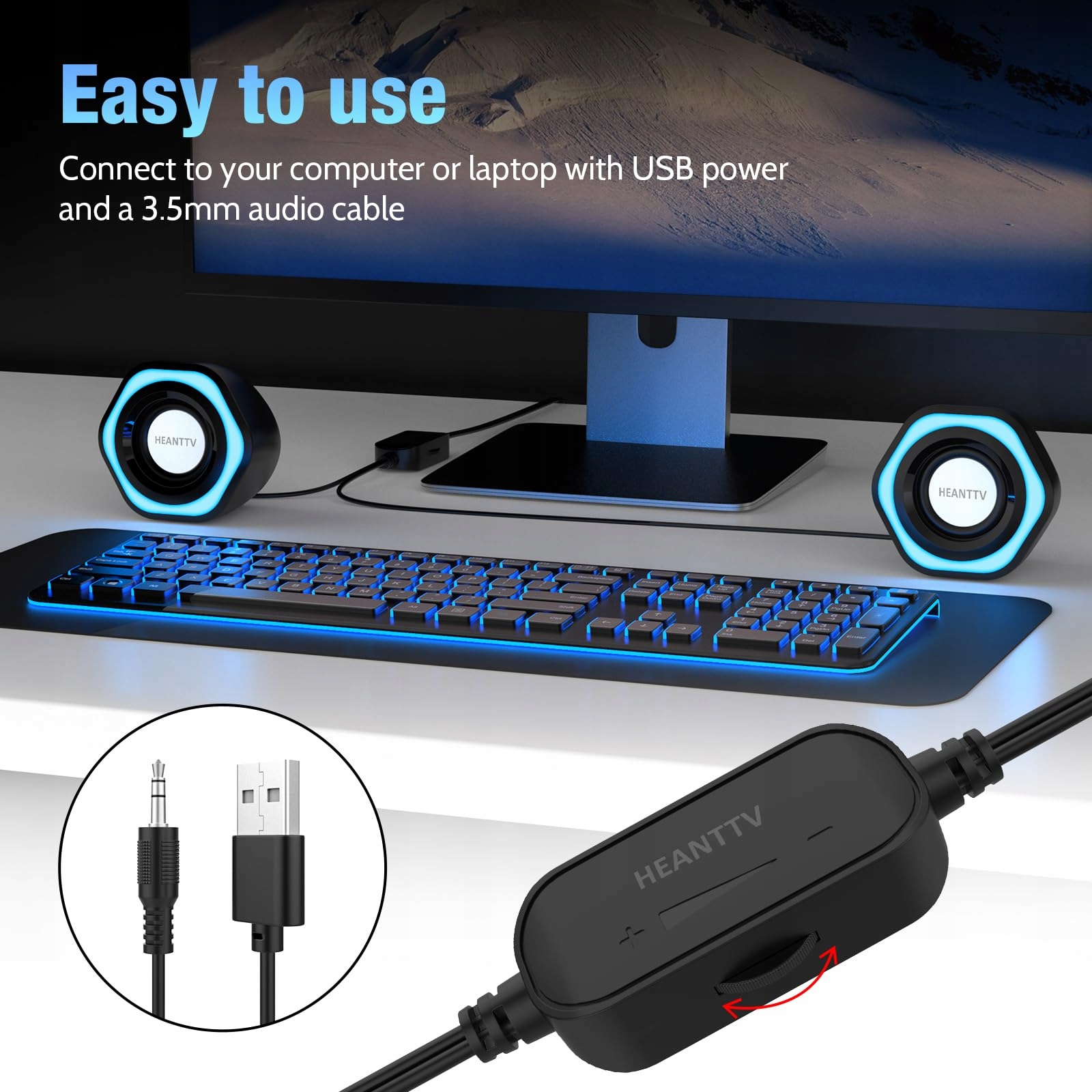 HEANTTV Głośniki Komputerowe Mini USB Stereo 35mm Do PC Laptopa Czarne — miniatura 3