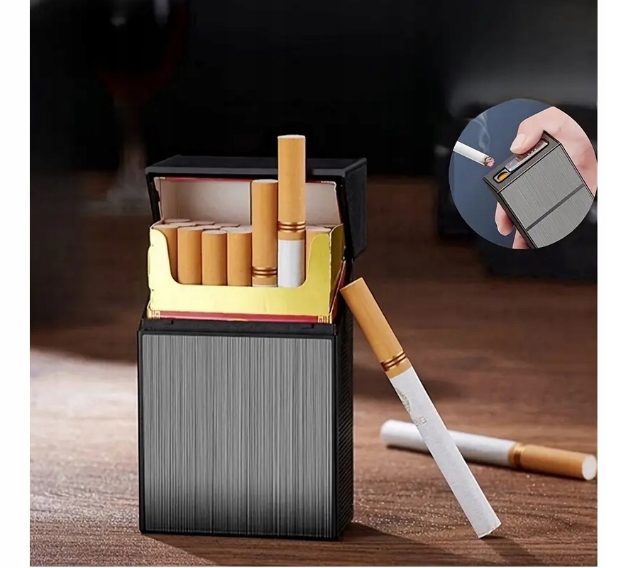 PAPIEROŚNICA MĘSKA Z ZAPALNICZKĄ USB 2W1 ELEKANCKIE ETUI NA 20 SZTUK