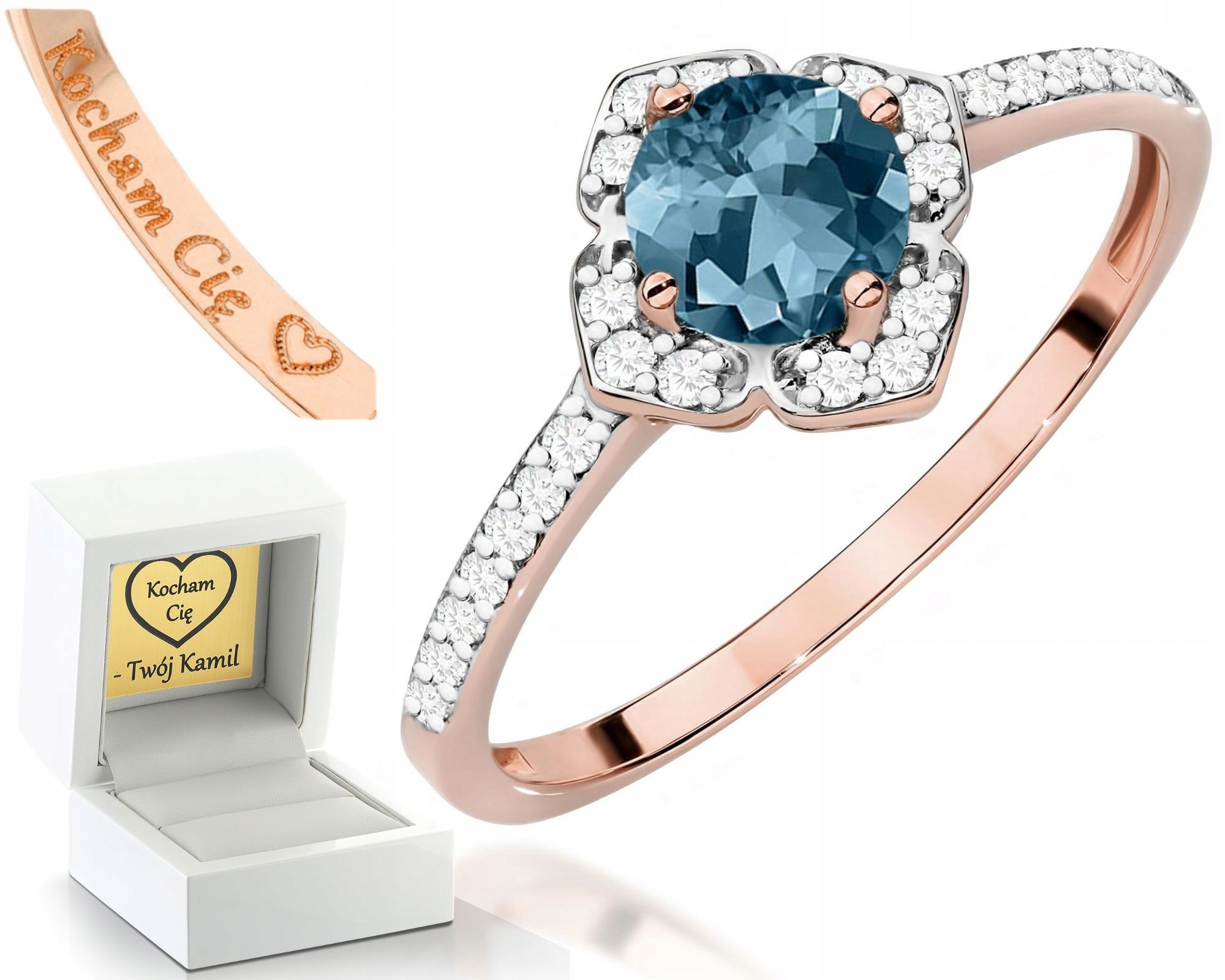 Růžové Zlato Prstýnek Topaz London Blue Diamanty Elegantní A Moderní