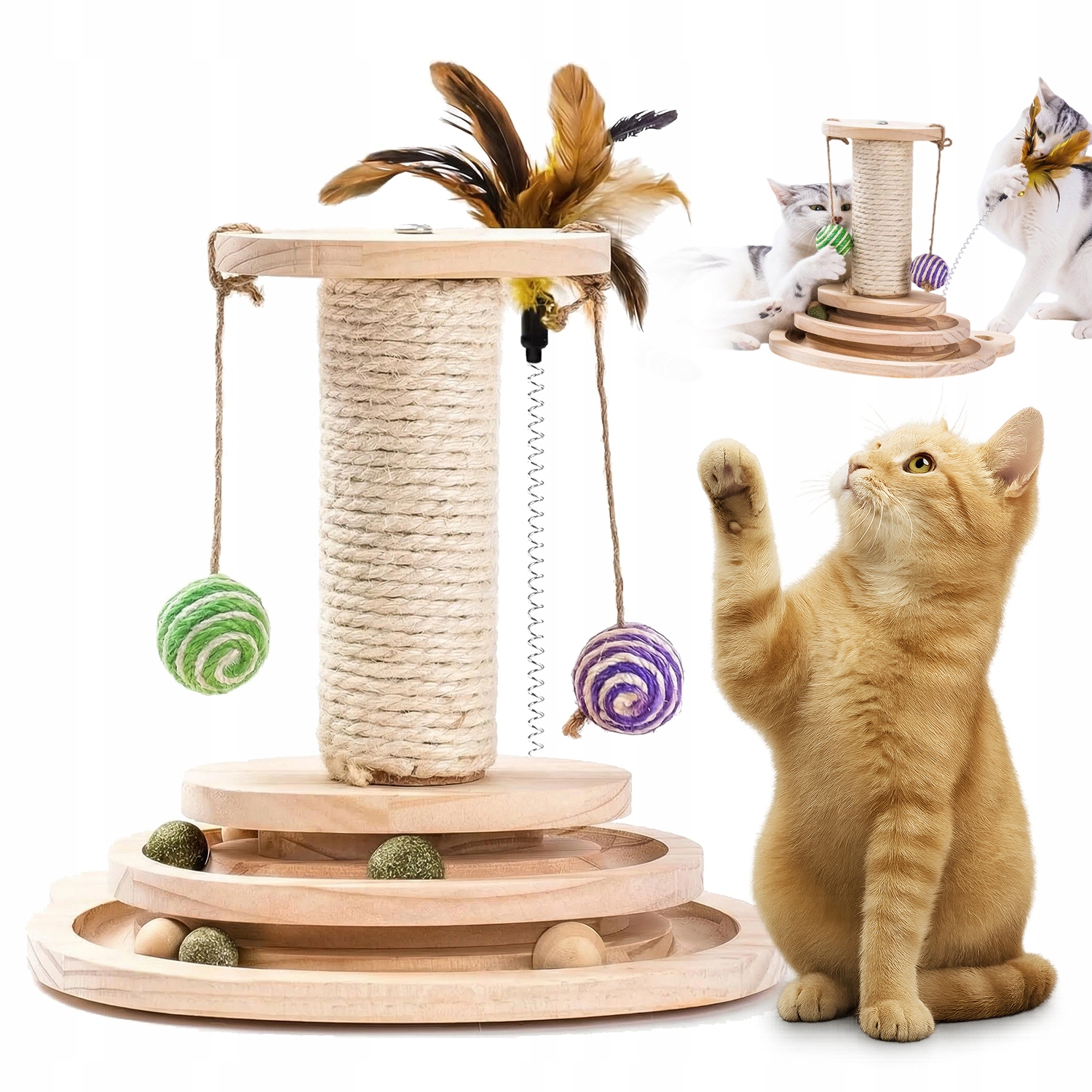 Hračka Pro Kočky Škrabadlo Pro Kočky 3 Vrstvy Dřevěná S Peřím 10 Míčků