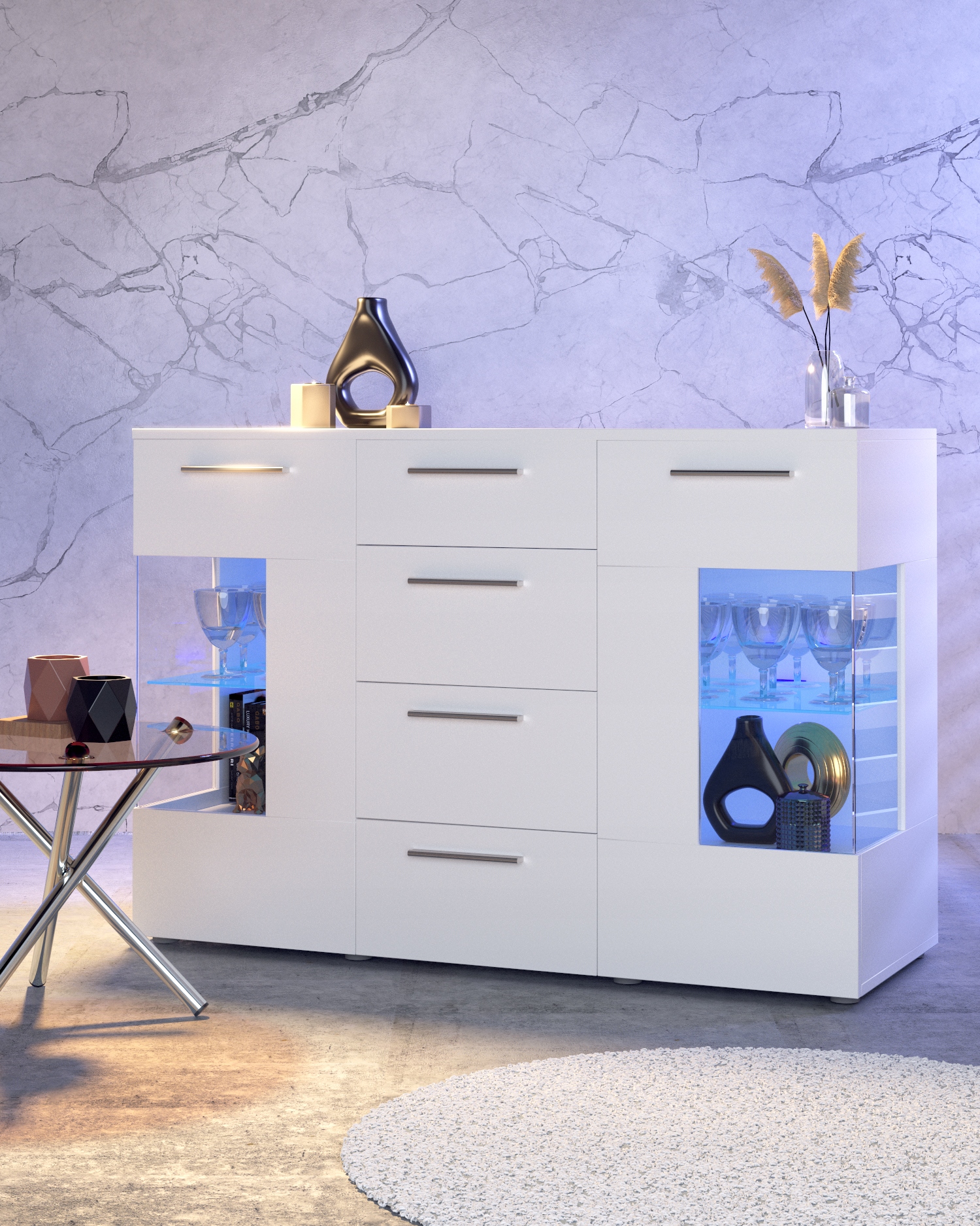 KOMODA 4 SZUFLADY SZAFKA DUŻA POJEMNA 2 DRZWI BIAŁY POŁYSK LED 150 cm Kod producenta LUX WHITE