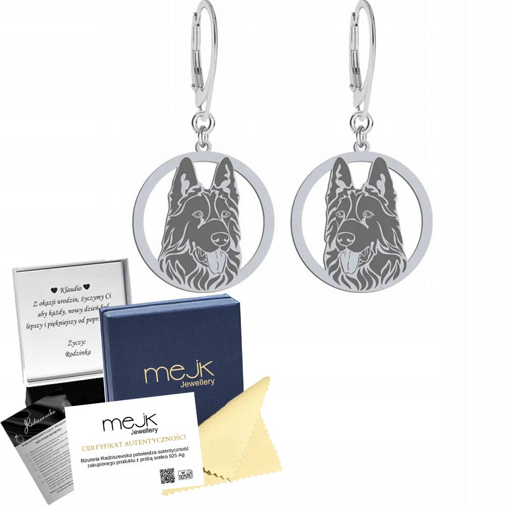Stříbrné Náušnice se psem Německý ovčák černý 925 Šperky Gravírování
