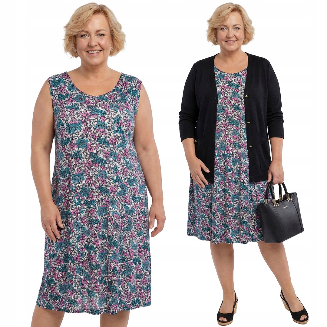 Šaty černá bez rukávů s drobnými květy plus size velikost 56/58