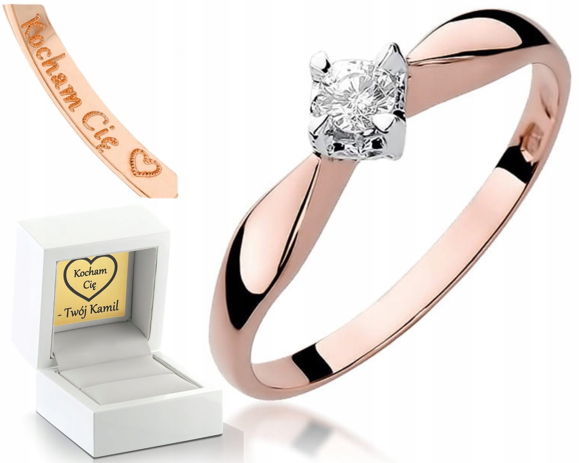 Růžový Zlatý Prsten S Briliantem 585 Gravírování Zásnubní Dárek