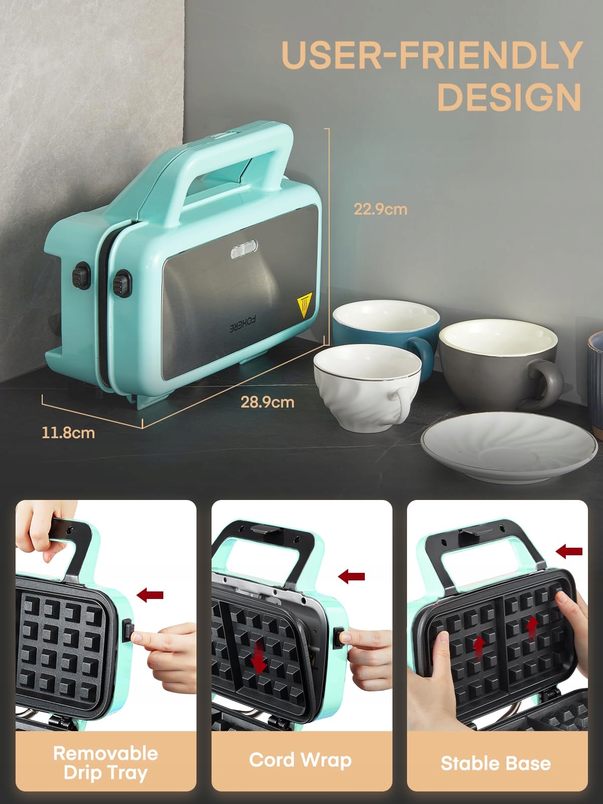 FOHERE Opiekacz 3w1 1200W Gofrownica Grill Kanapki Niebieski — miniatura 5