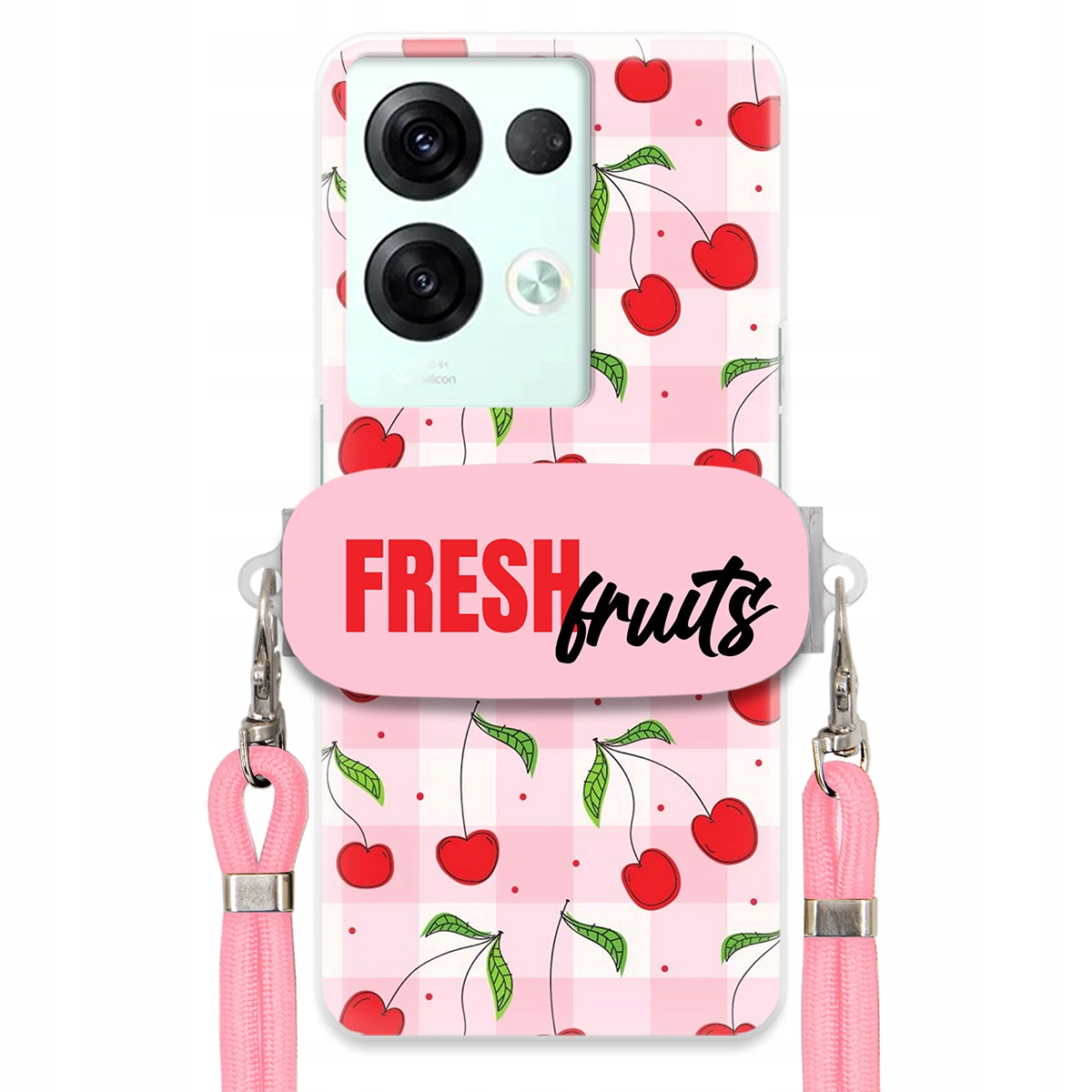 Puzdro pre Oppo Reno 8 Pro 5G Case Držiak šnúrok Ružový Fresh Fruits Mriežka