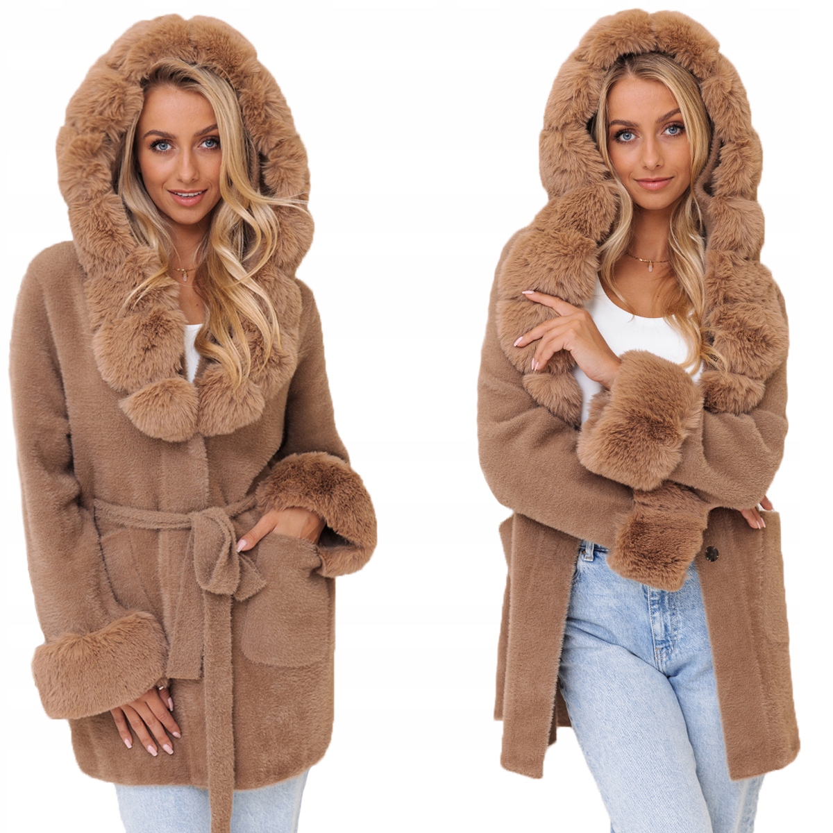 Měkká Alpaka S Kožíškem Kabát alpaka S Páskem