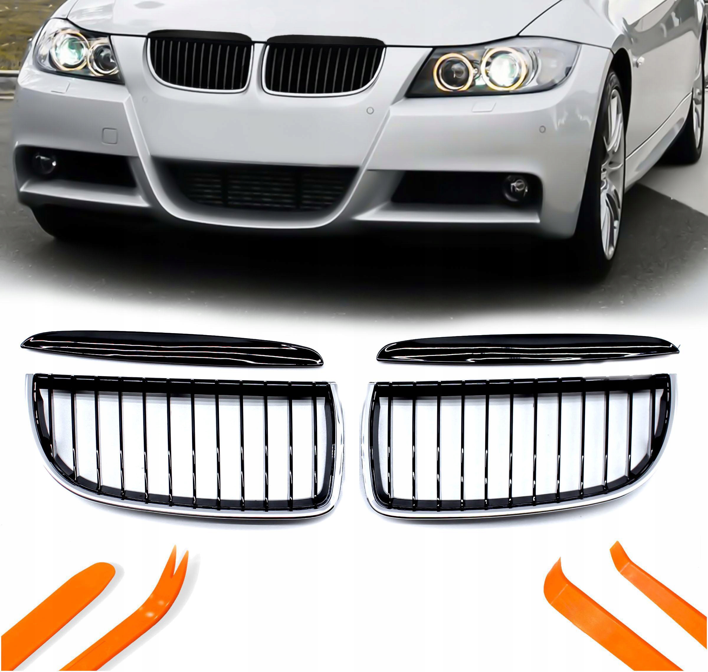 Atrapa Gril Ledvinky Bmw 3 E90 E91 05-07 Stříbrná 1 Žebro Sada Komplet