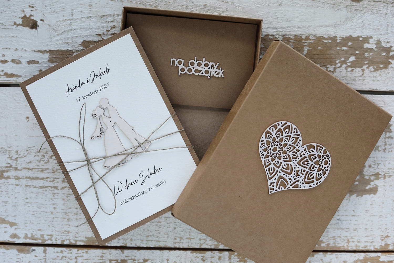 Rustikální svatební přáníčko vyrobené ručně se srdcem