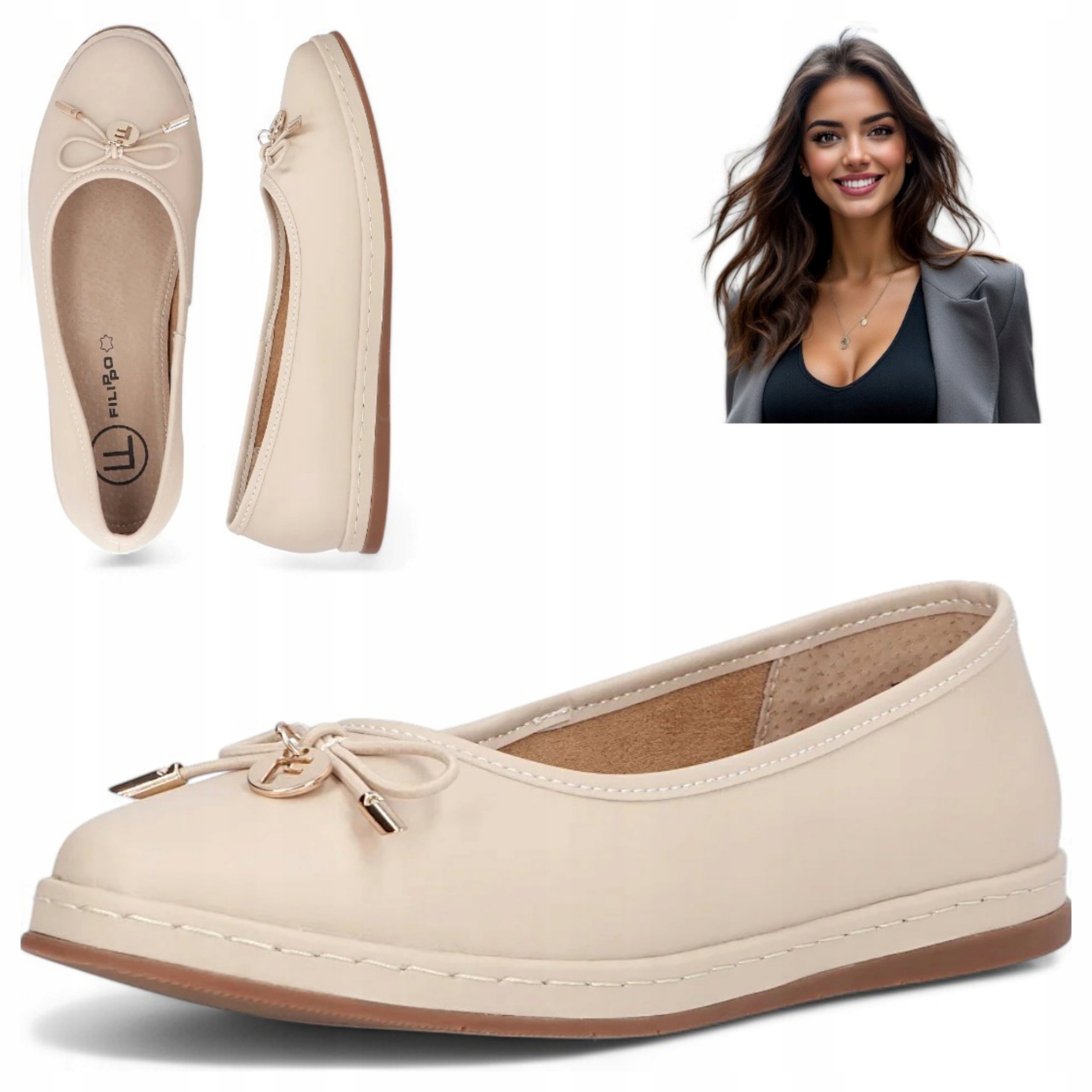 Baleriny Damskie 38 Skóra Naturalna Filippo Wsuwane Beżowe