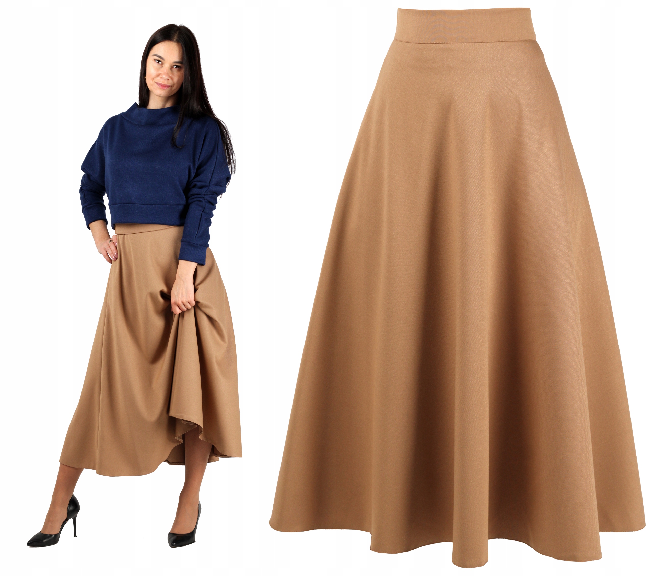 XXL Twill Béžová sukně s kapsami, krásná, dlouhá podzimní zima