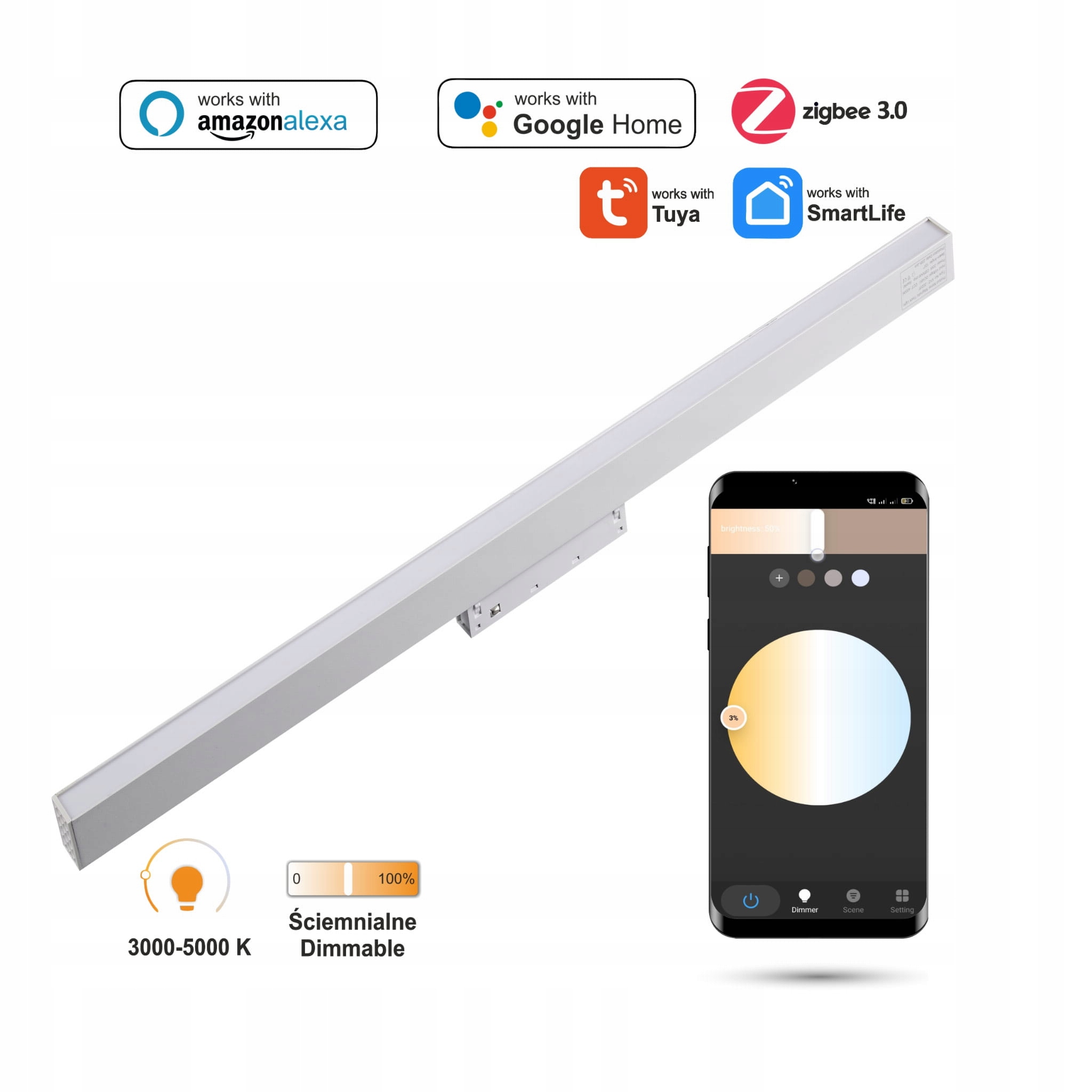 Lineárny reflektor Biely Led Zigbee Flood 20W Smart Track 48VDC 3000-5000K