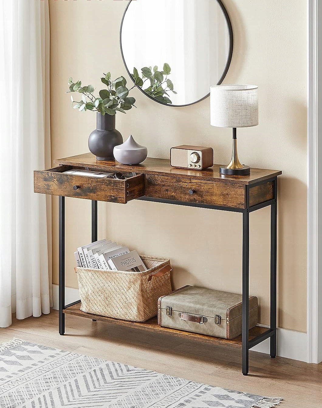 Wąska konsola stolik 2 szuflady rustykalny brąz Głębokość mebla 30 cm