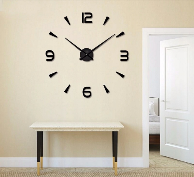 ZEGAR ŚCIENNY DUŻY NAKLEJANY NA ŚCIANĘ 3D CICHY 50-70 cm CZARNY LUSTRZANY Tarcza analogowa