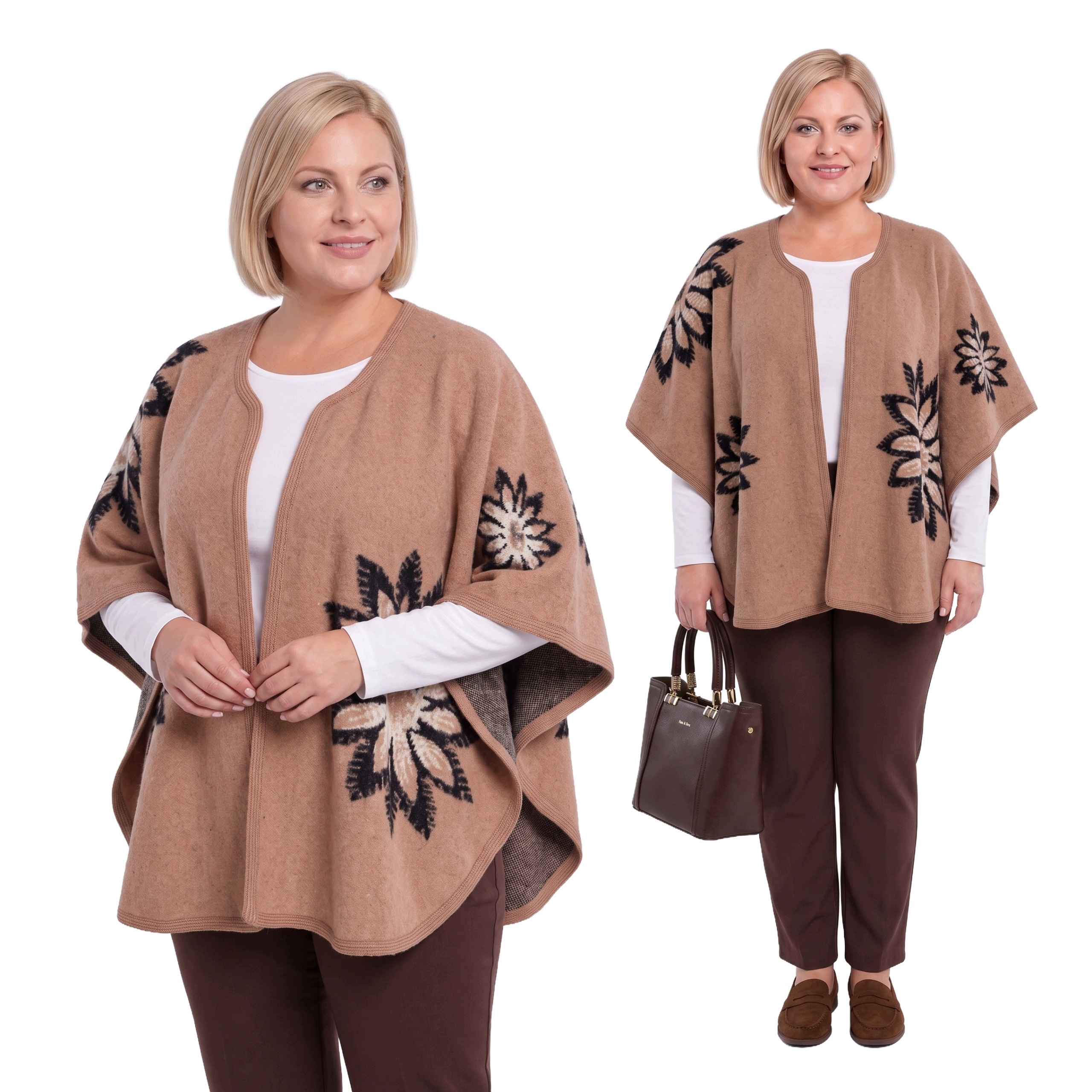 Karamelový teplý přehoz s květinami plus size velikost Uni.