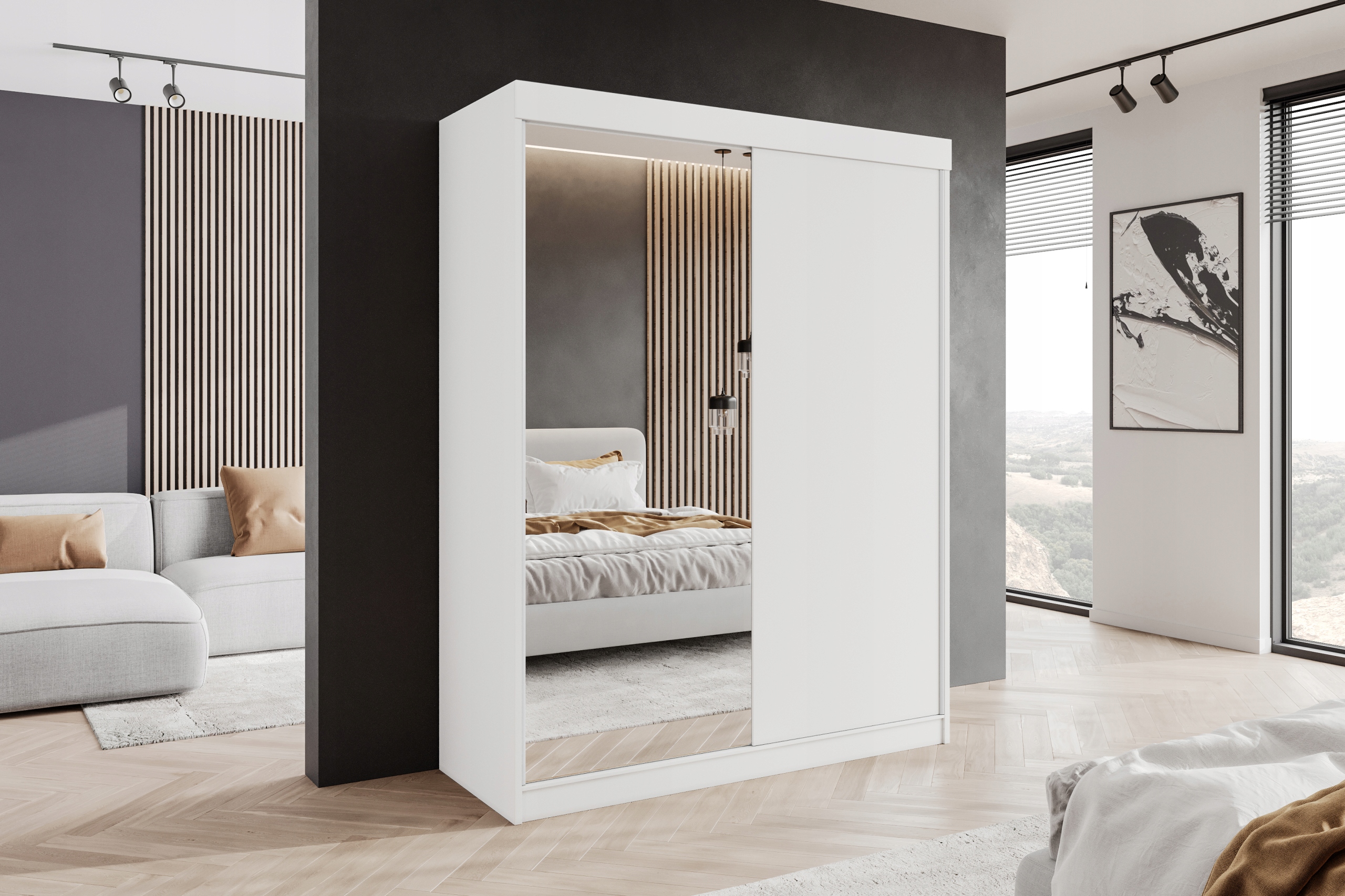 SZAFA PRZESUWNA BIAŁA 2 DRZWIOWA 140 x 205 CM 1 LUSTRO GARDEROBA PRODUCENT Szerokość mebla 140 cm