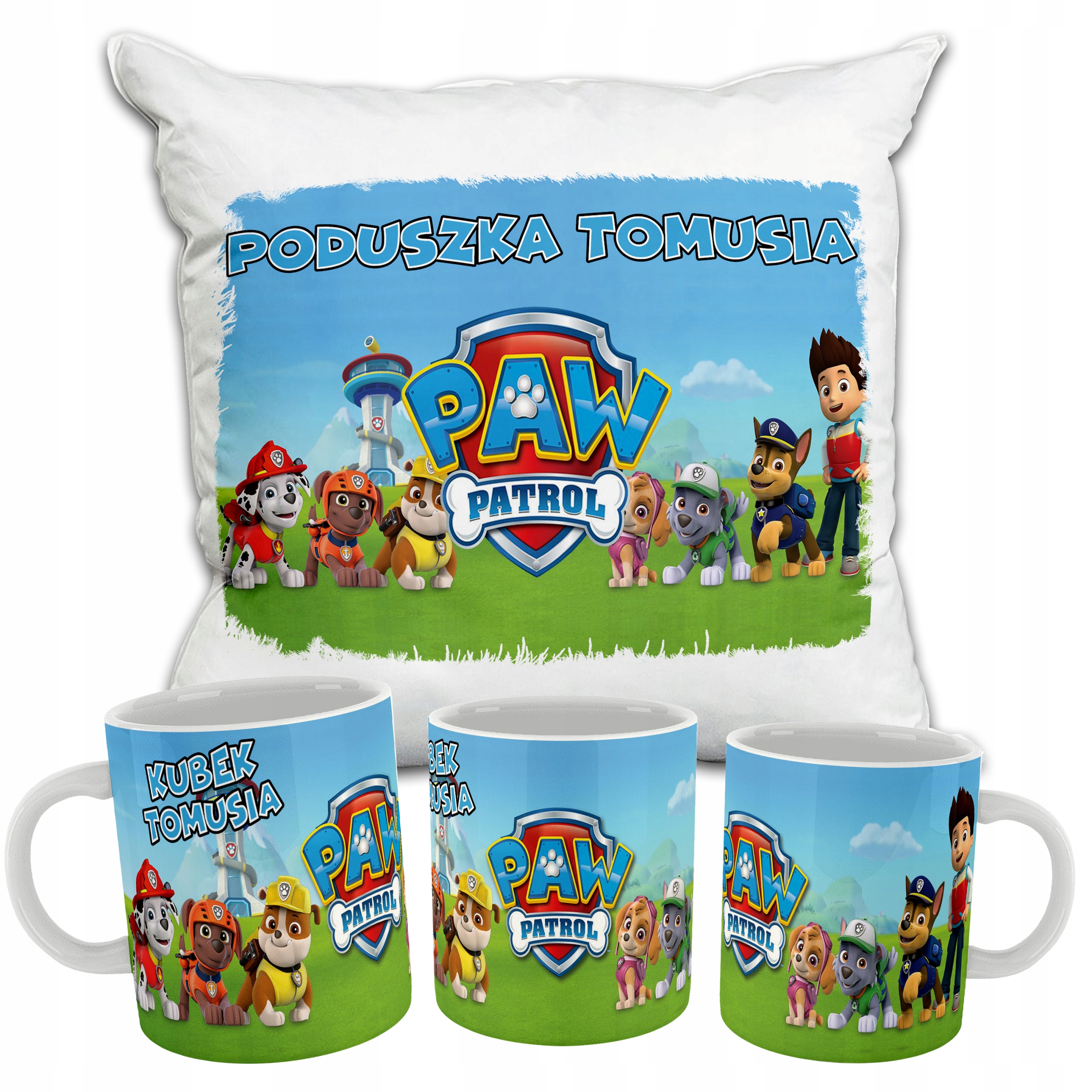 ZESTAW KUBEK PODUSZKA PSI PATROL TWOJE IMIĘ ŚWIĘTA