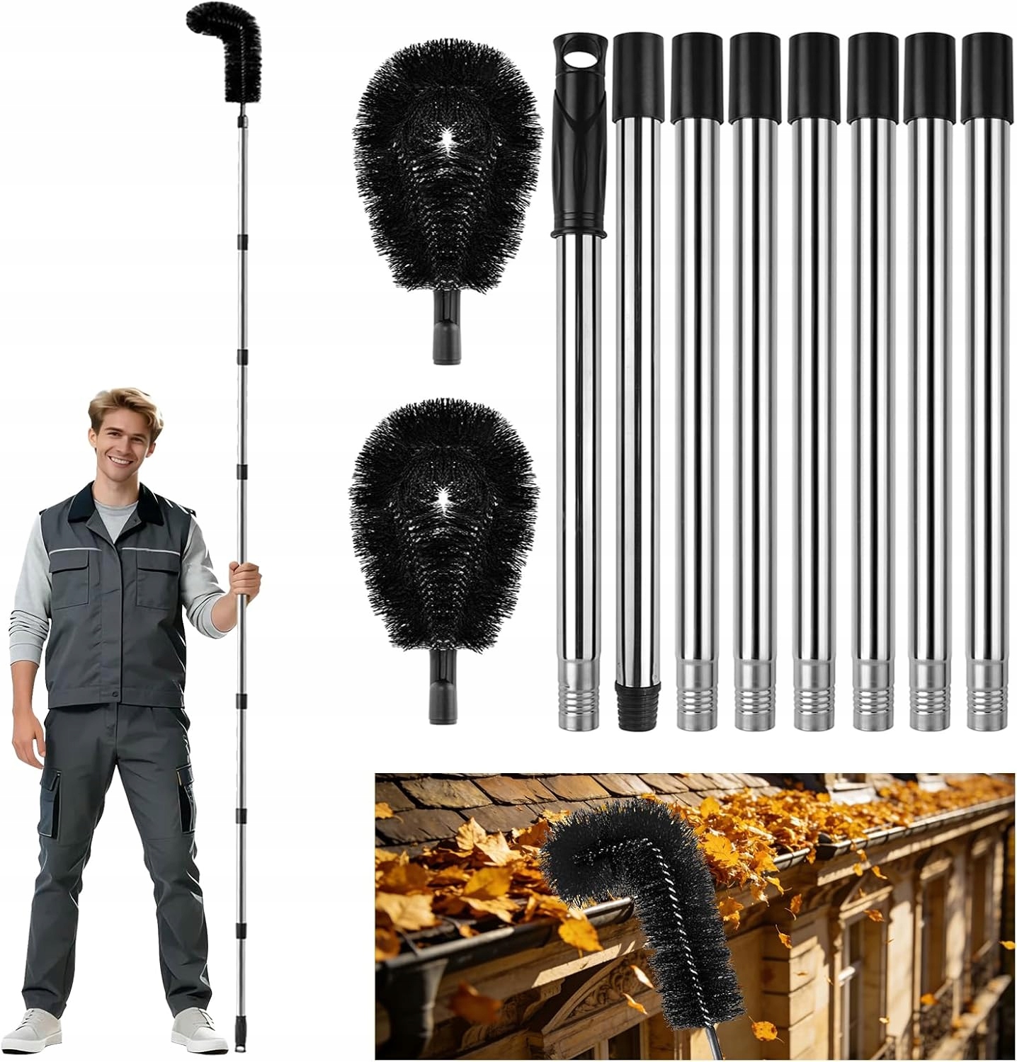 Levně Kartáč Na Čištění Okapů S Teleskopickou Násadou, 2 Kartáčové Hlavice