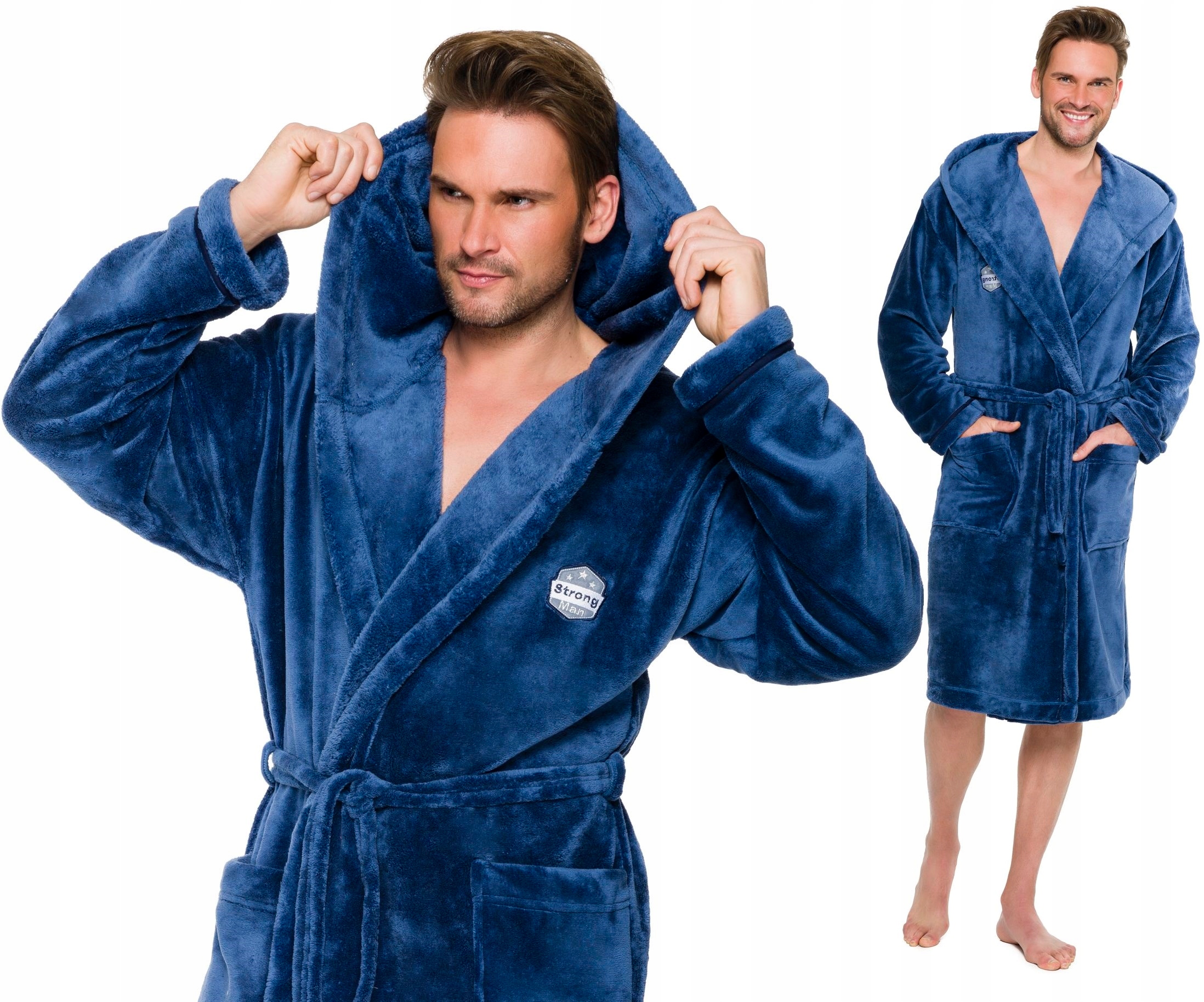 CIEPŁY MIŁY DŁUGI SZLAFROK MĘSKI Z KAPTUREM XL