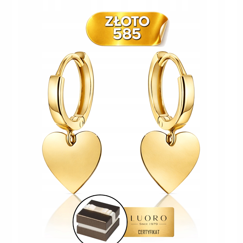 Náušnice Zlaté 585 14K Kroužky Se Závěsným Srdcem Kreol 19 MM Elegantní