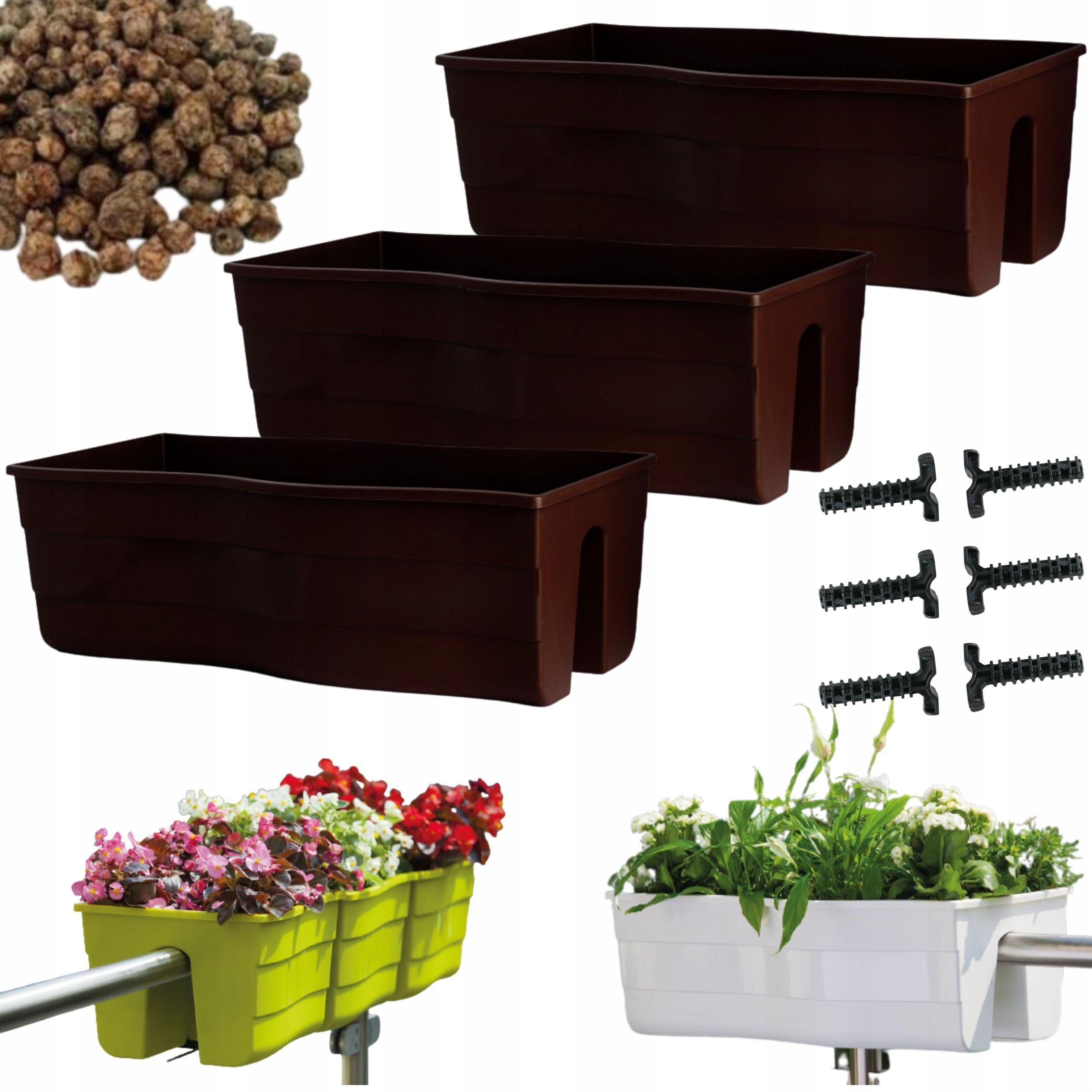 3x Box na zábradlí Wave 60, Balkonový květináč keramzit 5l