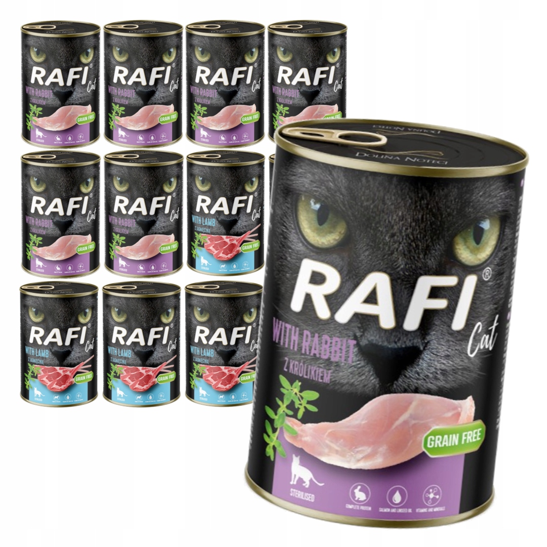 Levně Rafi Cat 12x400g Vlhké Krmivo pro sterilizované kočky Jehněčí králík