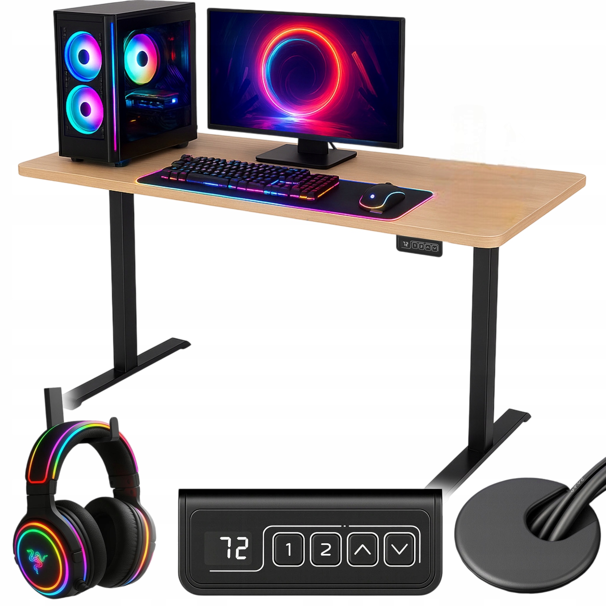 Elektrický Herní Stůl s regulací Dub Světlý 120x60 cm s deskou a průchodkami
