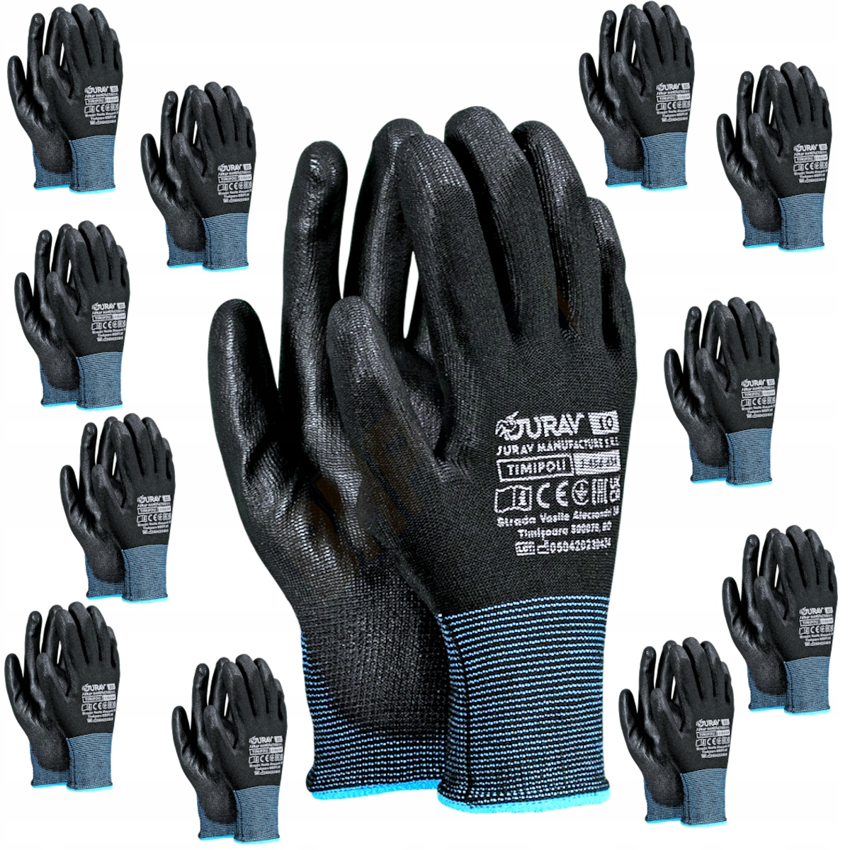 RęKaWiCzKi robocze rękawice 12 PAR czarne PU R.7