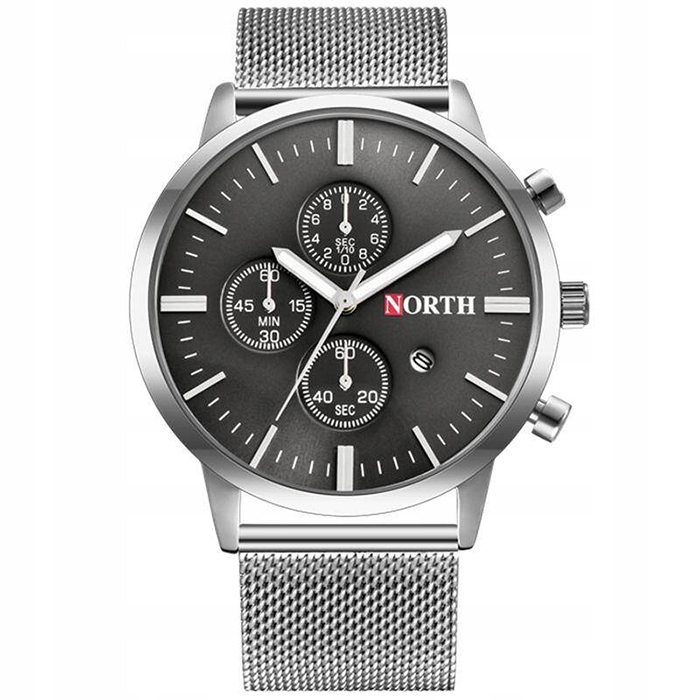Pánské hodinky North analogový mesh náramek stříbrný datumovka