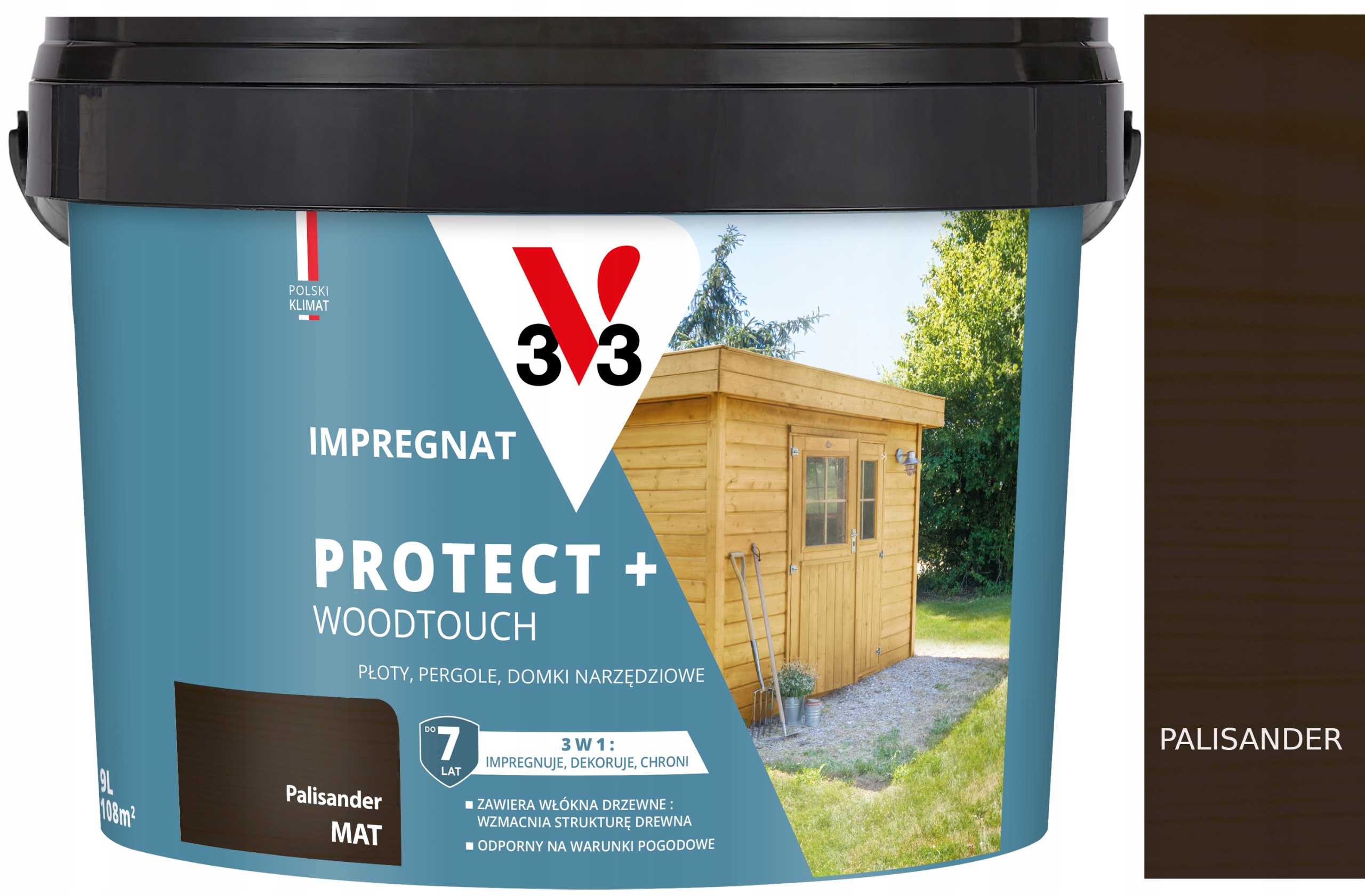 V33 Impregnat Protect+ do płotów pergoli domków narzędziowych palisander 9l
