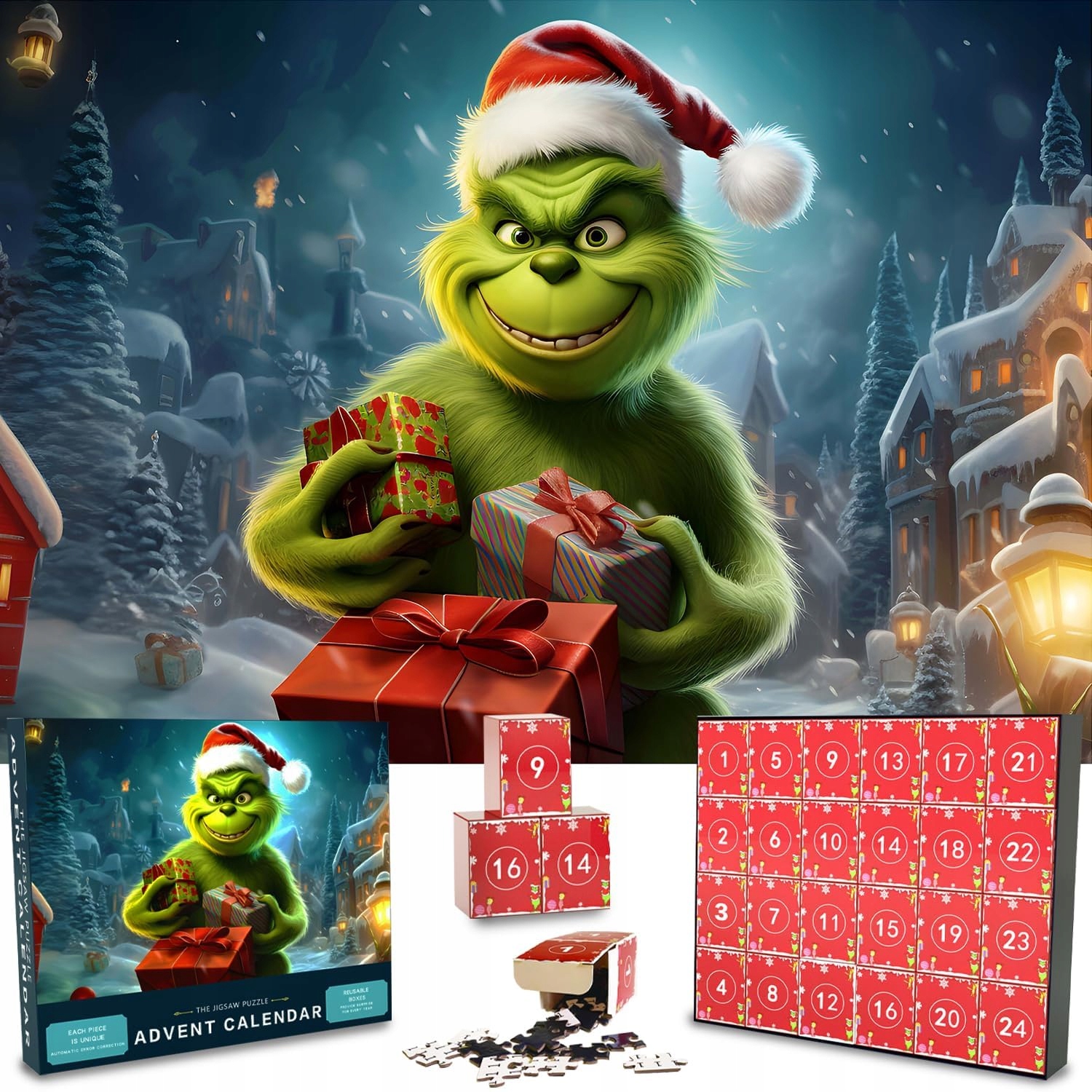 puzzle Grinch Adventní kalendář 100 8 dílů 24 dní 52x75 cm