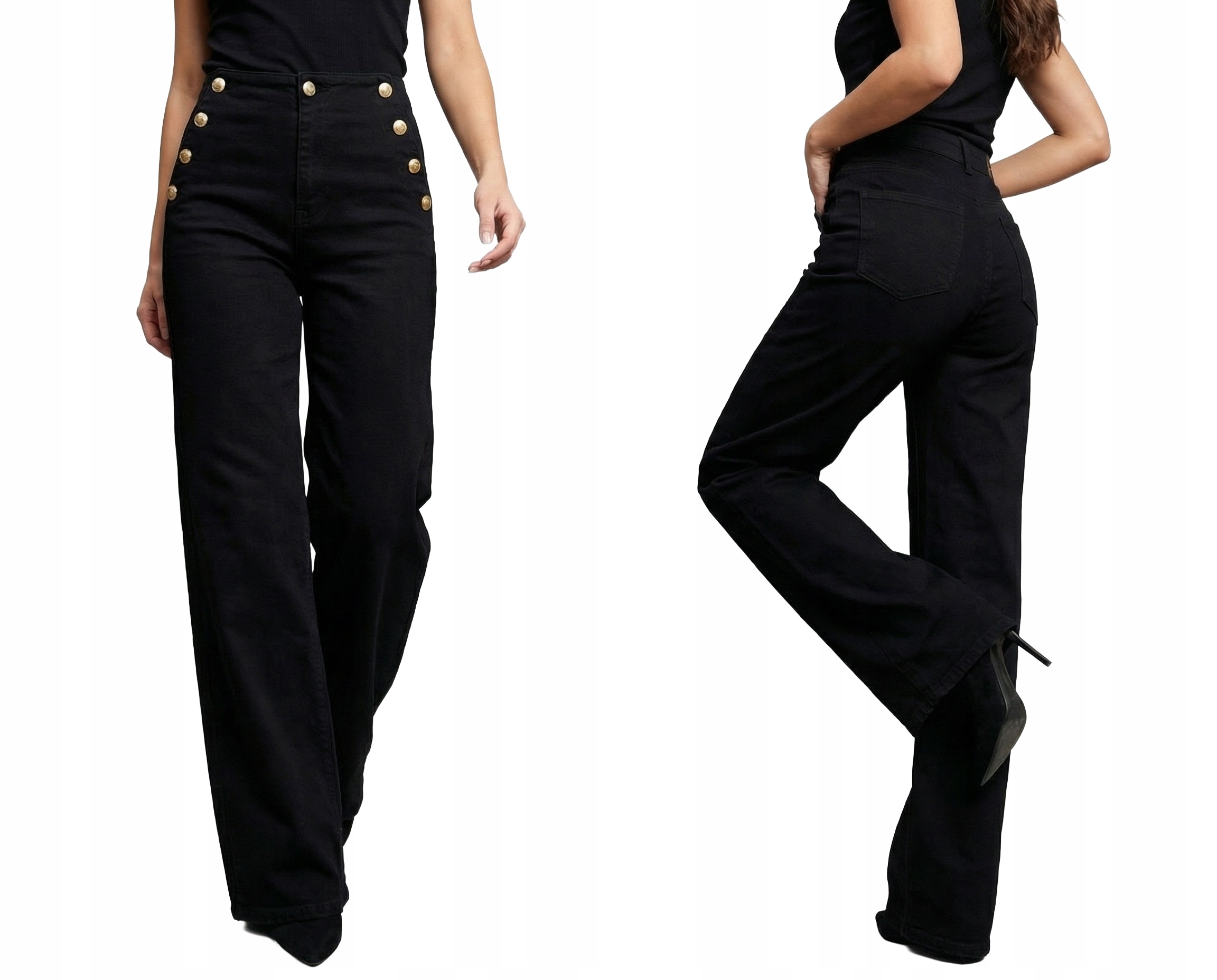 Spodnie Damskie Jeansy Dzwony Szerokie Wide Leg Guziki Czarne M