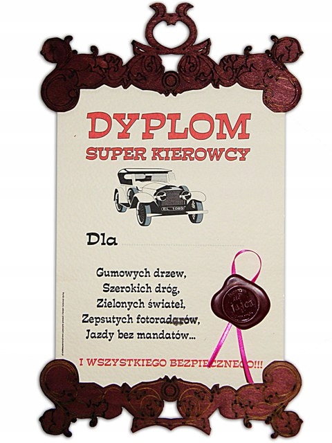 DYPLOM dla KIEROWCY Samochodu Auta Super Prezent