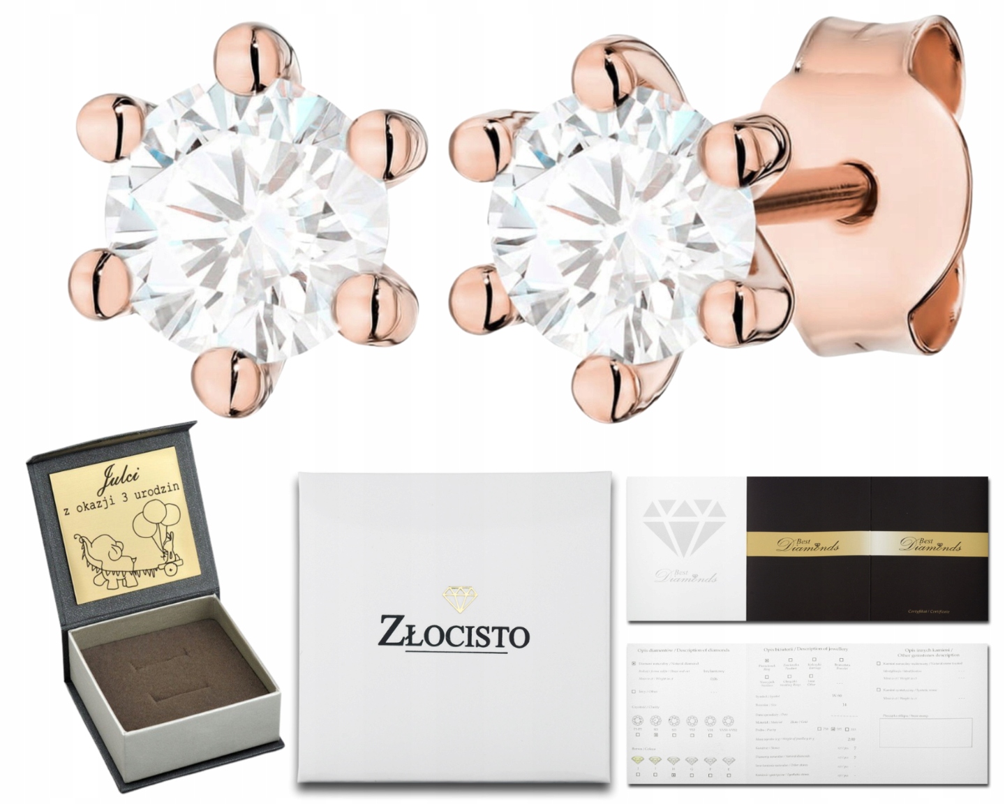 Růžové Zlato Náušnice S Laboratorním Diamantem, Klasická Tyčinka