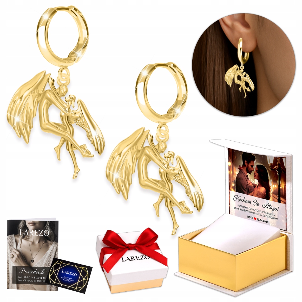 Zlaté Náušnice 925 s anděly Černé Závěsné anděly Andělé Láska Amor