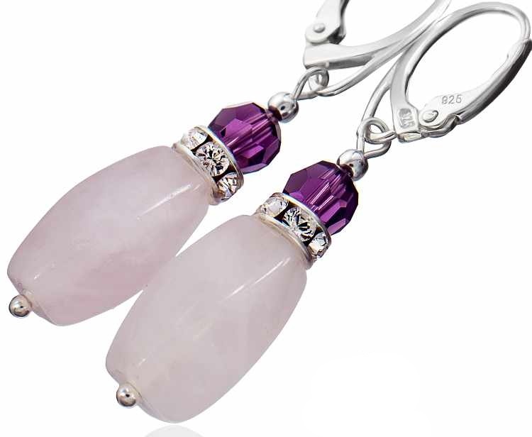 Růžový křemen Krystaly Náušnice Stříbro Certifikát