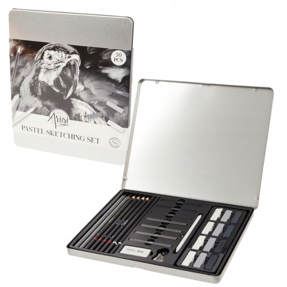 ZESTAW DO SZKICOWANIA W PUSZCE WĘGLE OŁÓWKI TEMPERÓWKA GUMKA PASTELE