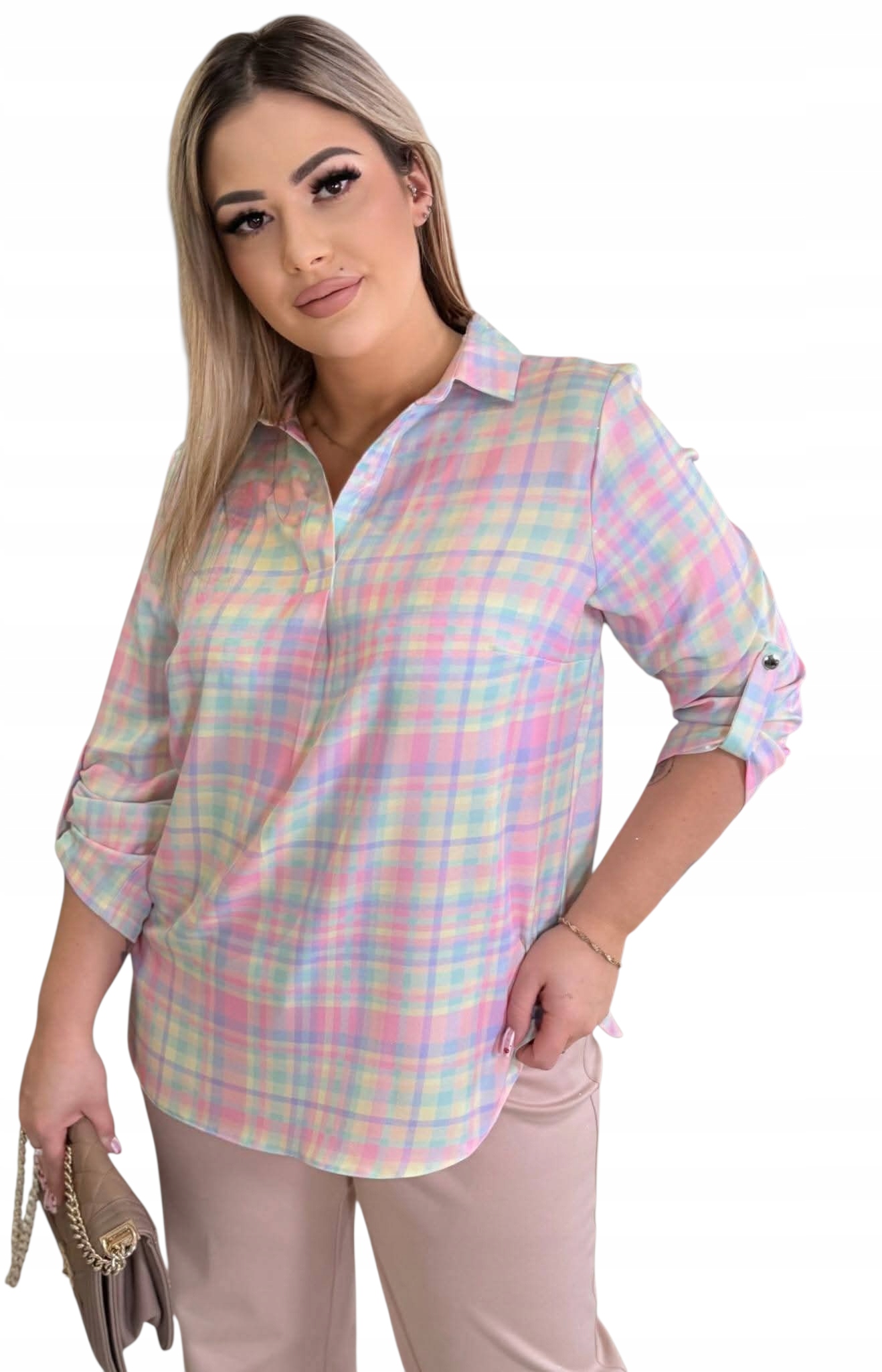 Elegantní dámská košile Plus Size, kostkovaná, dlouhý rukáv, velikost 48