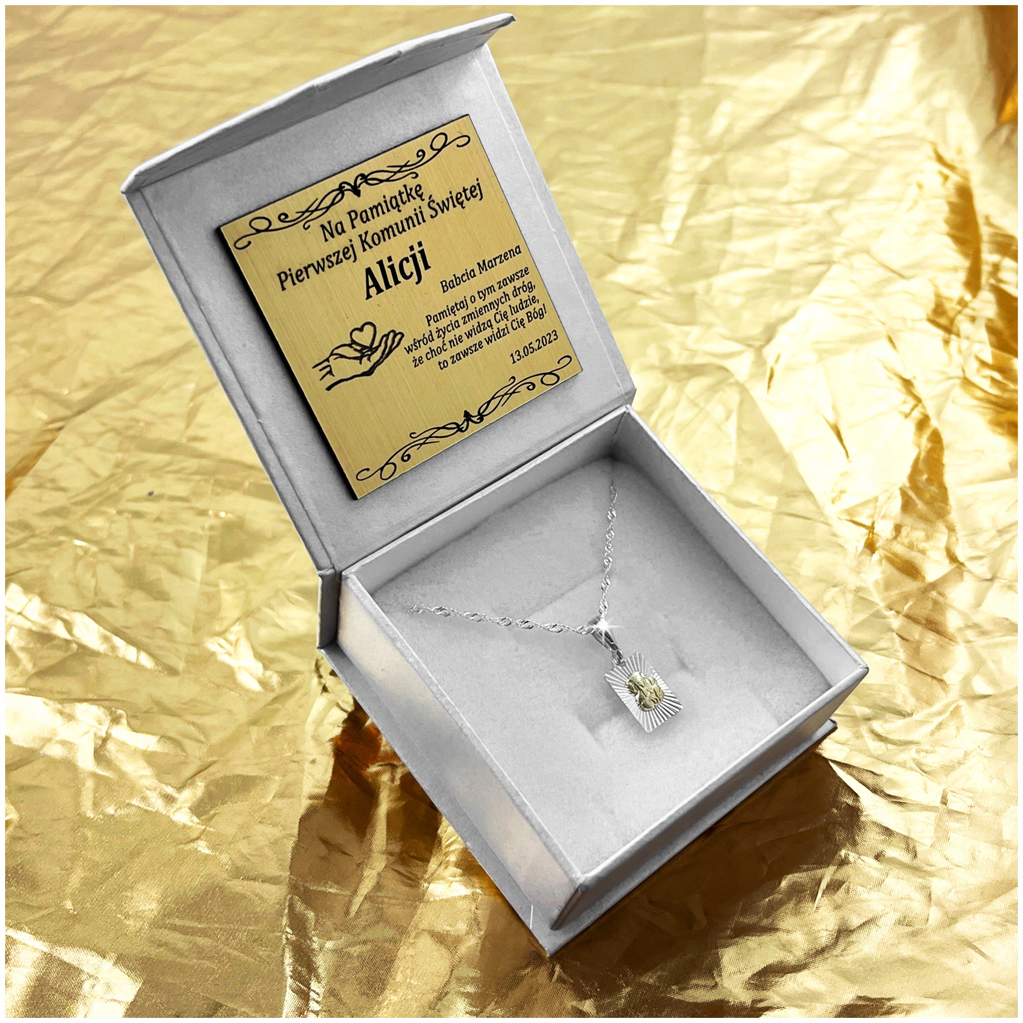 SREBRNY ŁAŃCUSZEK + MEDALIK MATKA BOSKA 925 PREZENT KOMUNIA CHRZEST GRAWER Kolor srebrny