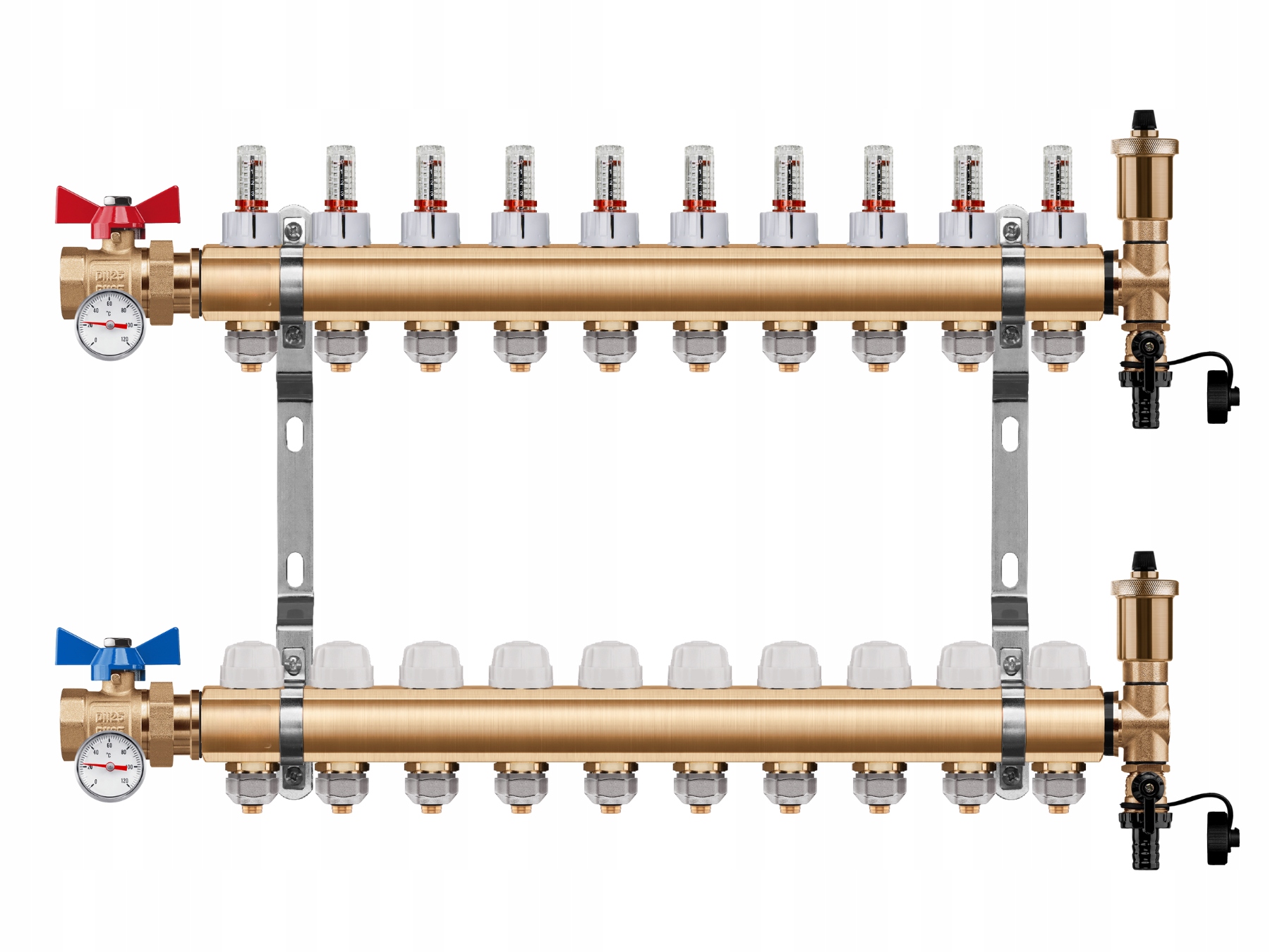 Rozdělovač Podlahy 10 Okruhů Jednoduchý Kulový Ventil Teploměr Pex