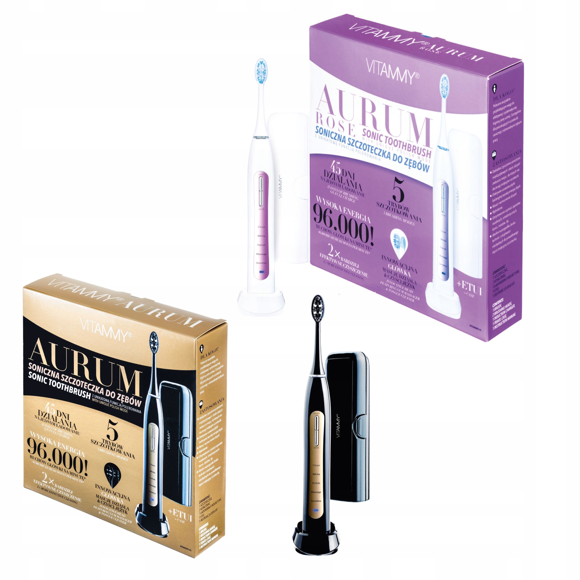 Szczoteczka Soniczna Elektryczna Do Zębów Vitammy Aurum Zestaw Dla 2