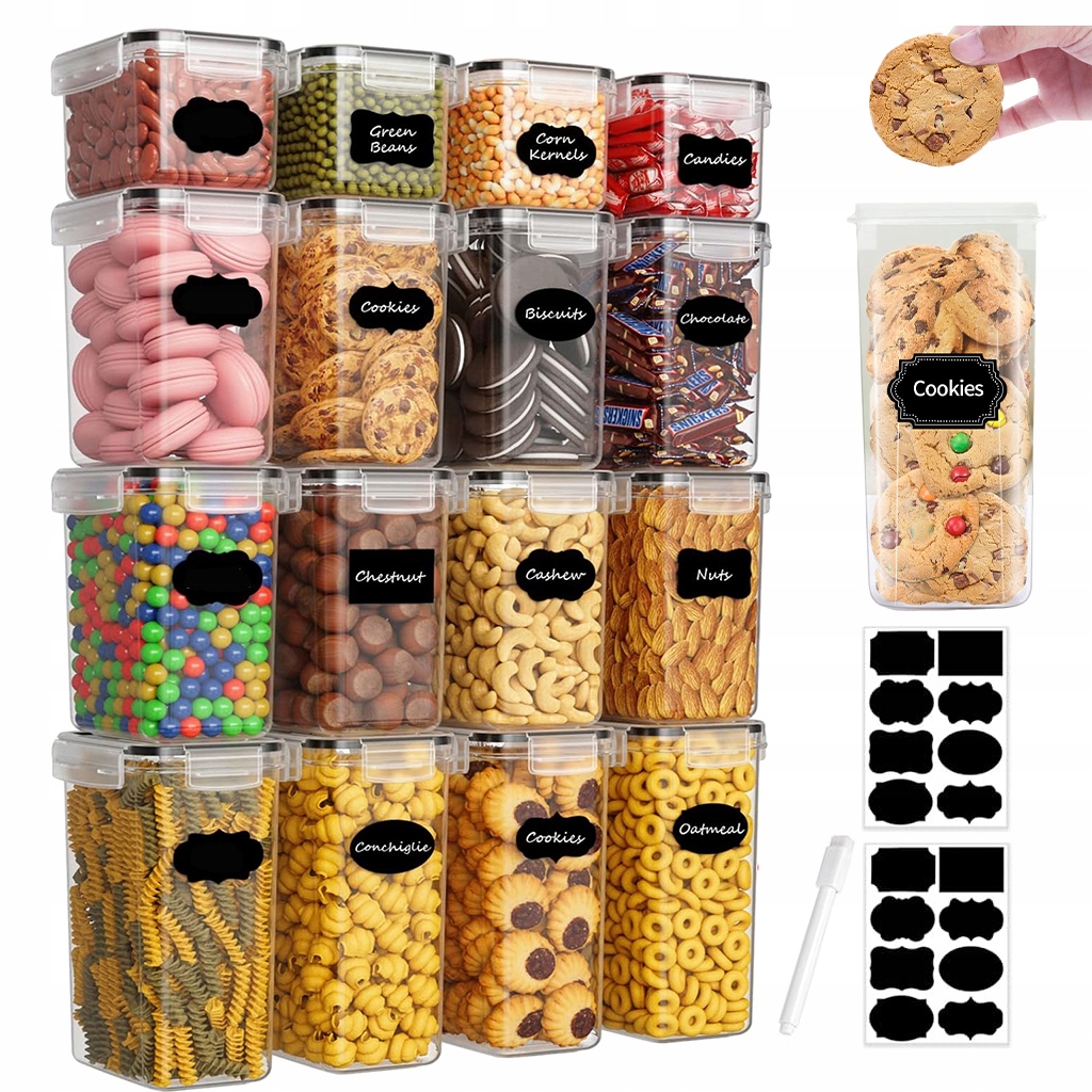 Sada 16x Zásobníků na potraviny Průhledné štítky