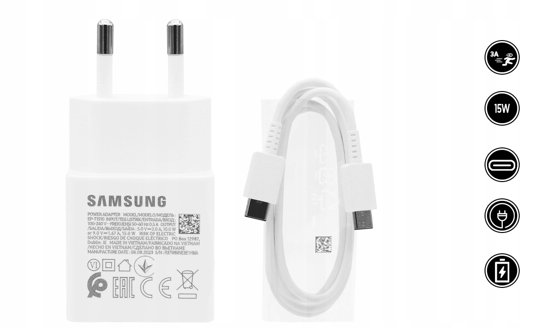 ORYGINALNA ŁADOWARKA SAMSUNG 15W 3A + KABEL TYP C GALAXY A34 A54 A14 5G Kod producenta EP-T1510EWE + EP-DA705BWE